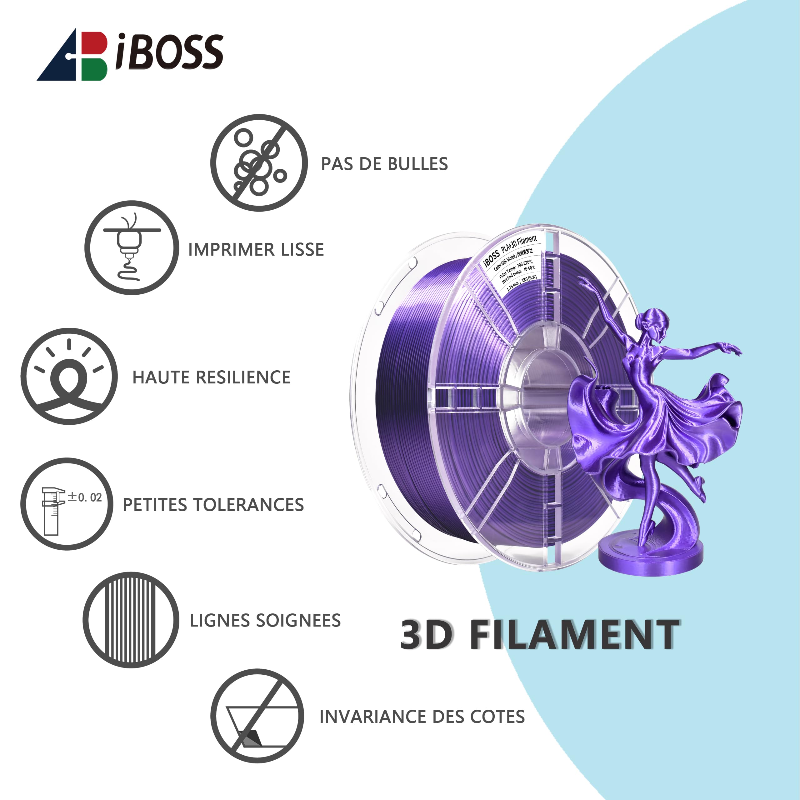 iBOSS Silk PLA+ filament 1,75 mm, gładki i błyszczący drut do drukarek 3D, dokładność wymiarowa ±0,02 mm, szpula 1 kg (2,2 funta), kompatybilny z większością drukarek 3D, Jedwabisty fiolet