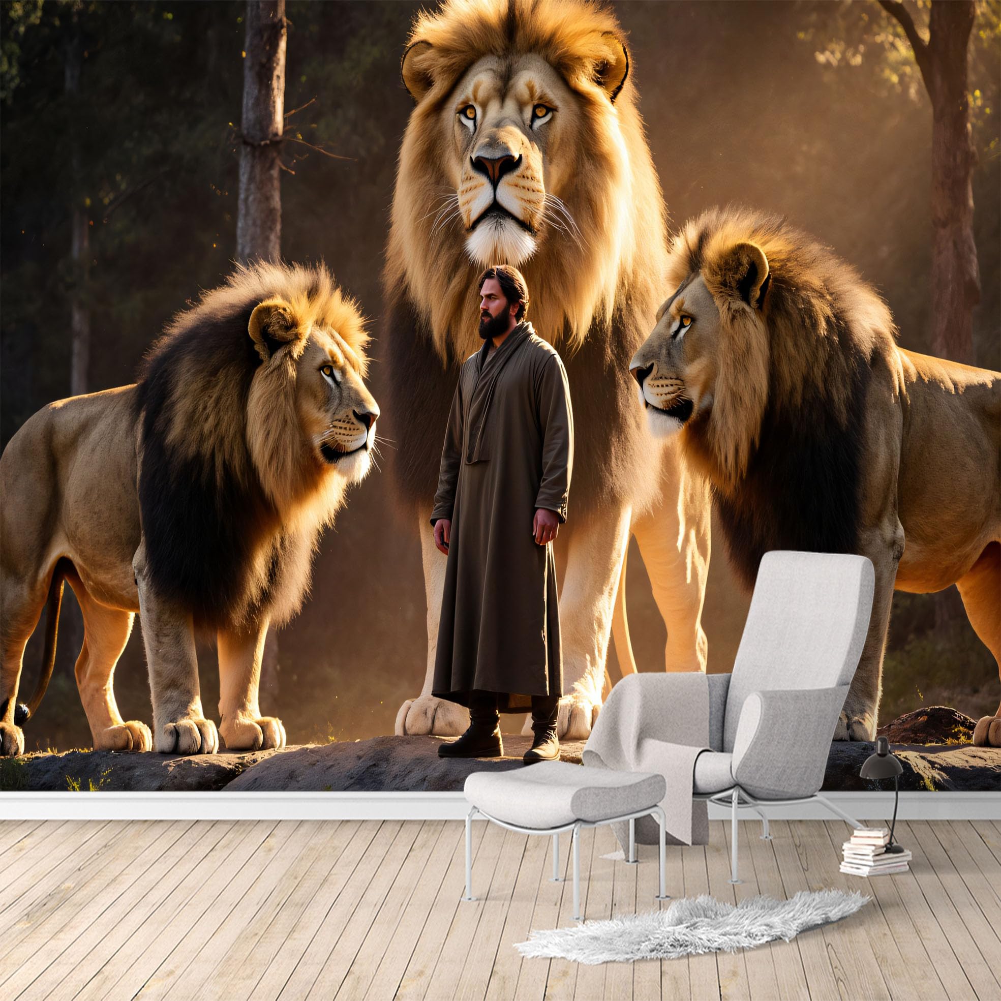 Custom Size Wall Murals,Majestic Lions Forest Sunset Wildlife Safari Scene,Removable Self Adhesive Large Wallpaper Mural for Living Room Bedroom Office Home Decor