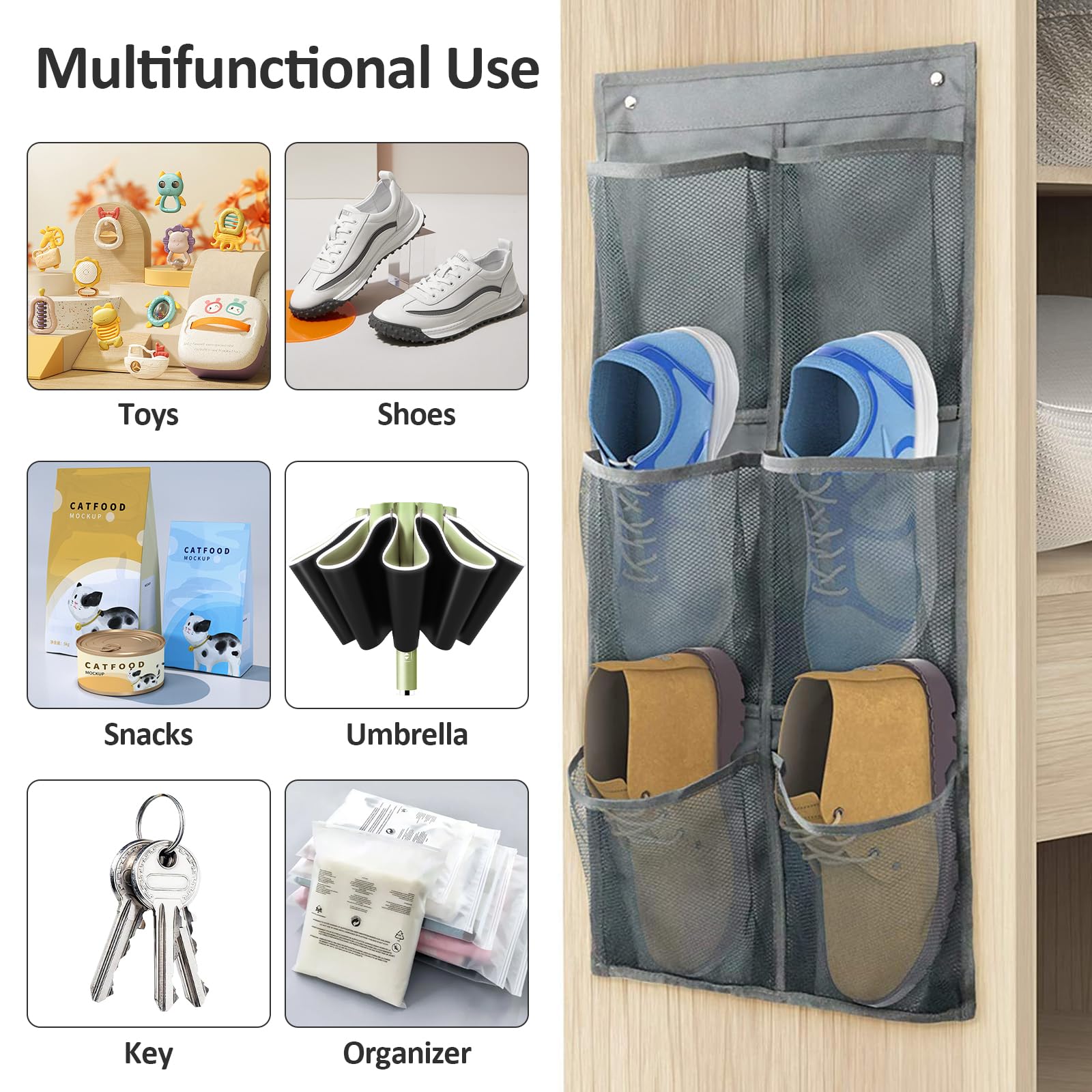 volumoon Organizer Pieghevole da Appendere, Scarpiera da appendere sopra la porta, 2 Packs Shoe Storage Organizer con gancio, Portaoggetti da Appendere con 6 Scomparti,organizer per scarpe (grigio)