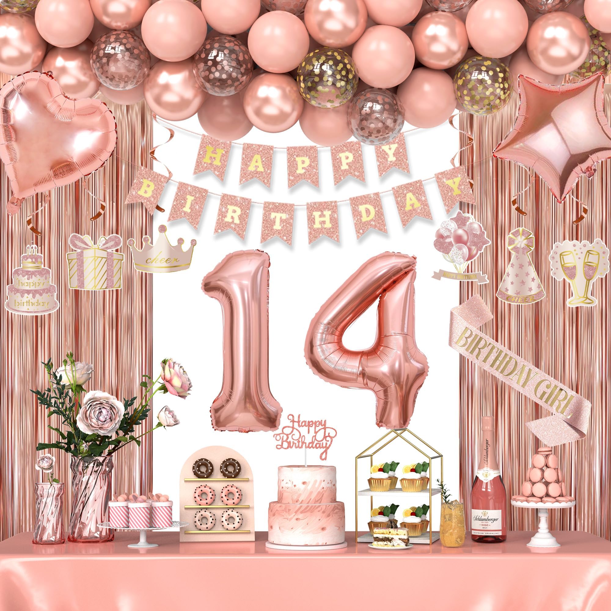 14th Birthday Decorations for Girls, Happy 14 Birthday Decorations for Her, Rose Gold Birthday Party Supplies with Banner, Number Balloons, Fringe