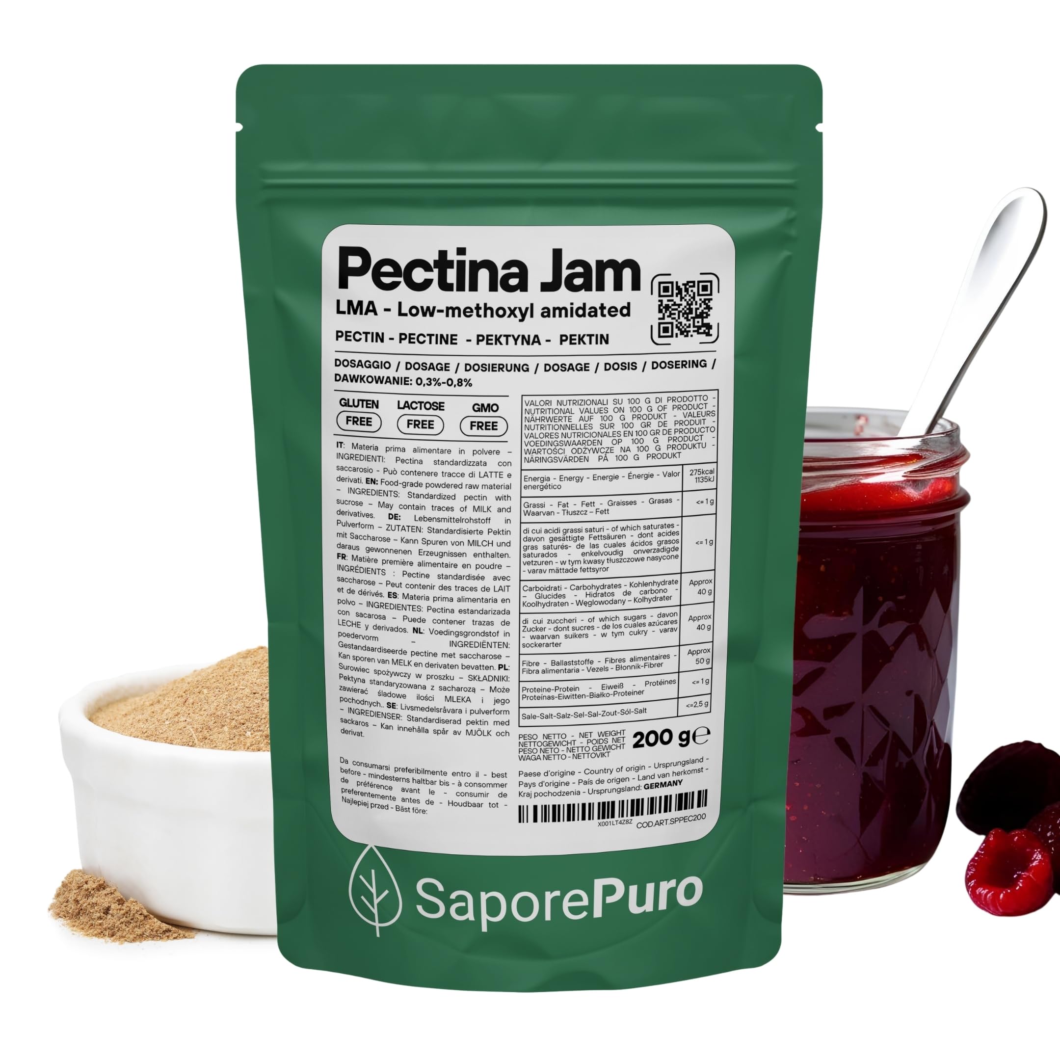 Saporepuro Pectina Jam en polvo 200 g – LMA – SIN GLUTEN – ideal para mermeladas bajas en azúcar