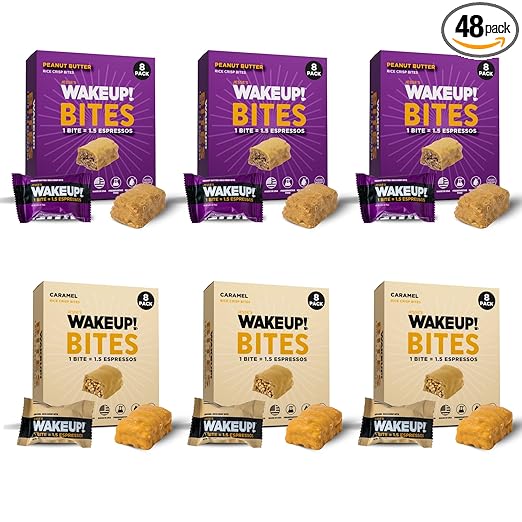 WAKE UP! Caffeinated Protein Bites - VALUE PACK - 6 Cartons (48 Bites) – 3 Caramel & 3 Peanut Butter – Proprietary Blend with 175mg Caffeine (1 Bite = 1.5 Espressos) – Boosts Focus & Clarity - Gluten-Free, Vegetarian, Kosher
