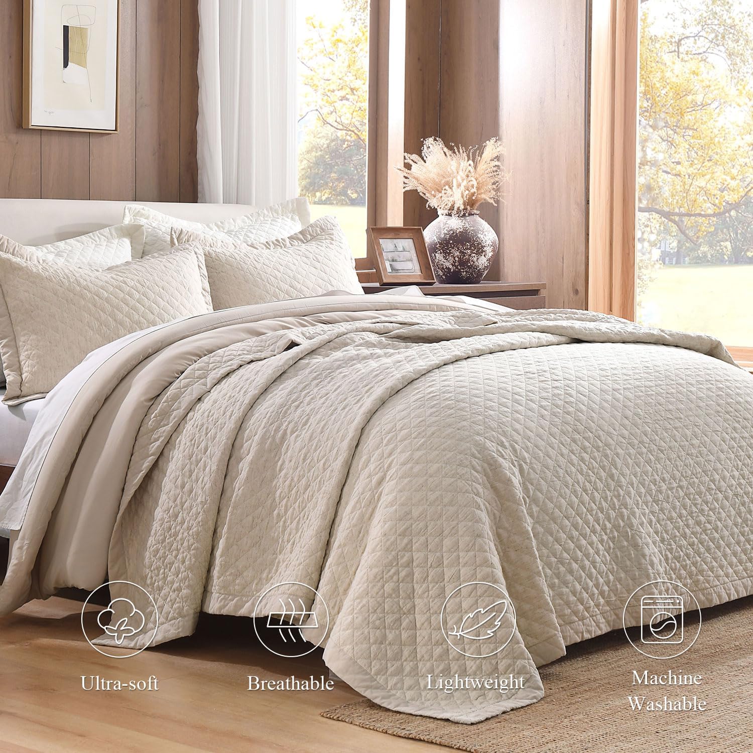 Grassix Linen Quilt Set Queen Size 3-Piece, 100% Linen Front & Cotton Back, Prewashed Diamond Stitch Bedspread with 2 Shams, Lightweight Breathable Quilt for Hot Sleepers, Modern Farmhouse Bedding - Image 2