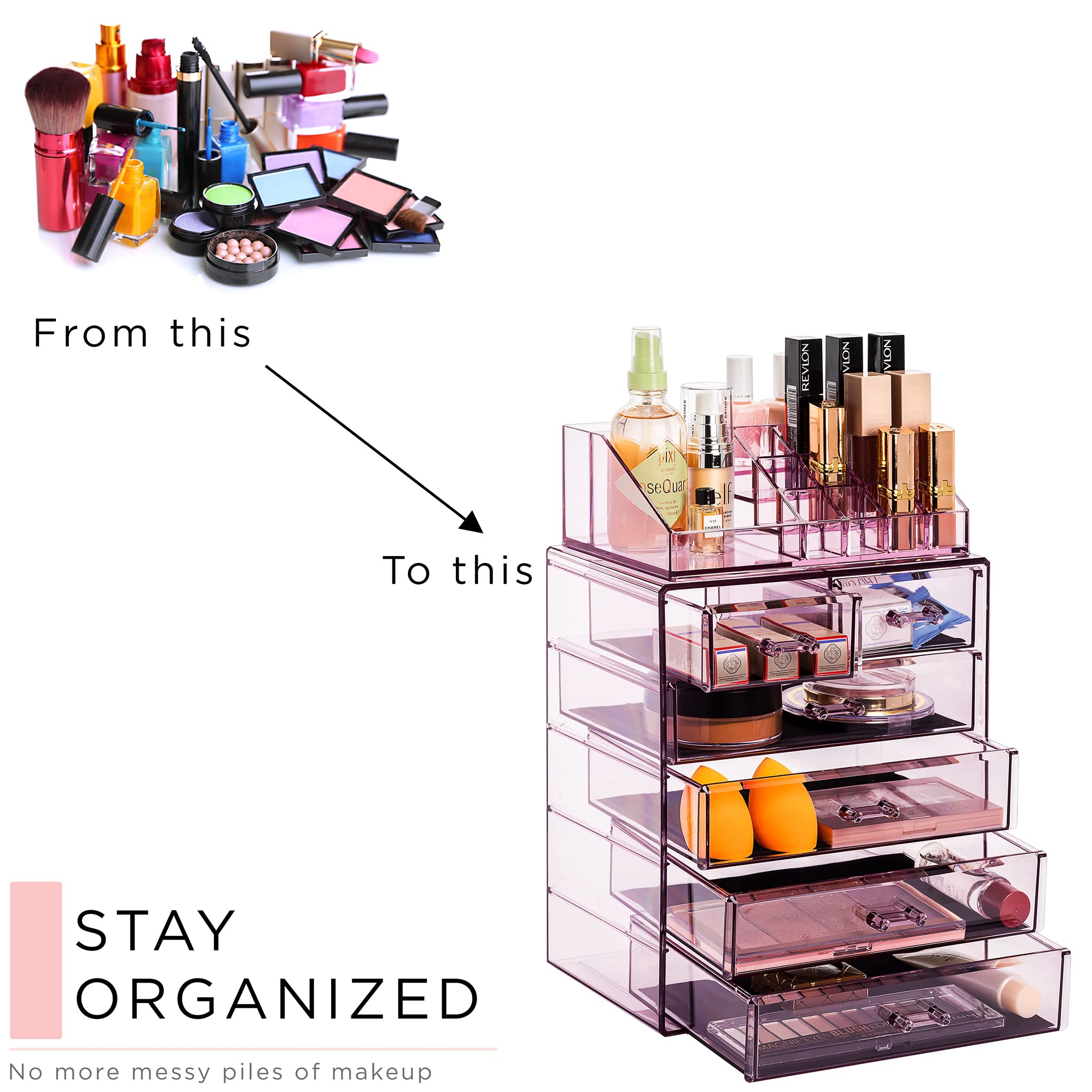 Sorbus® Przezroczysty organizer na kosmetyki do makijażu - przechowywanie makijażu i biżuterii, etui i ekspozycja - przestronny design - świetny uchwyt na komodę, łazienkę, toaletkę i blat (4 duże, 2