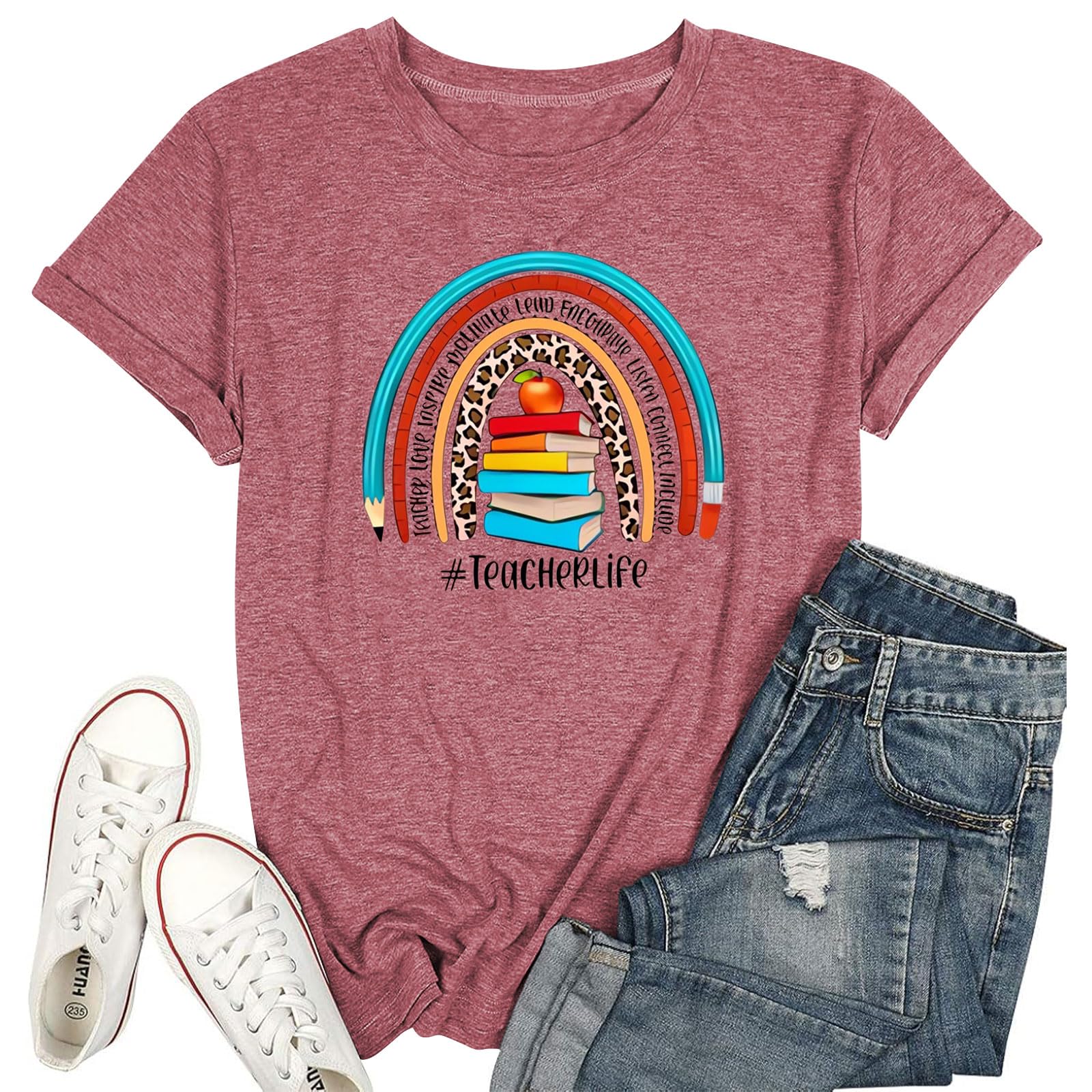 Prelike PowersTeach T Shirt Women Teacher Love Inspire Shirts Funny Letter Short Sleeve Graphic Tees Teacher Gift Tops