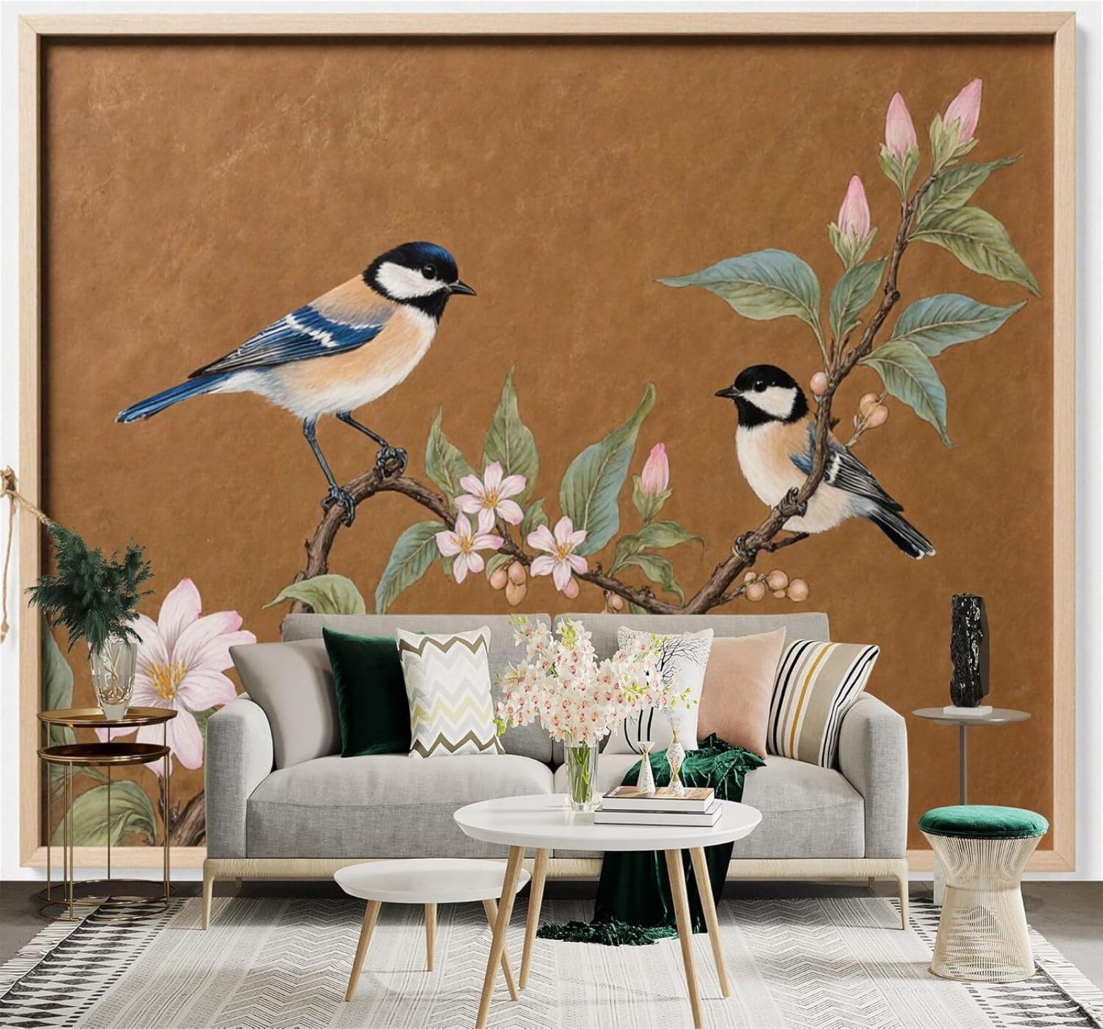 Xlming 350Cm×256Cm(B×H) Blue Birds Branches Green Leaves Flowers Brown Background 3D Wallpaper Silky Texture Home Study Office Grey Dining Room Sofa Bedroom Living Room Tv Backdrop-350Cm×256Cm