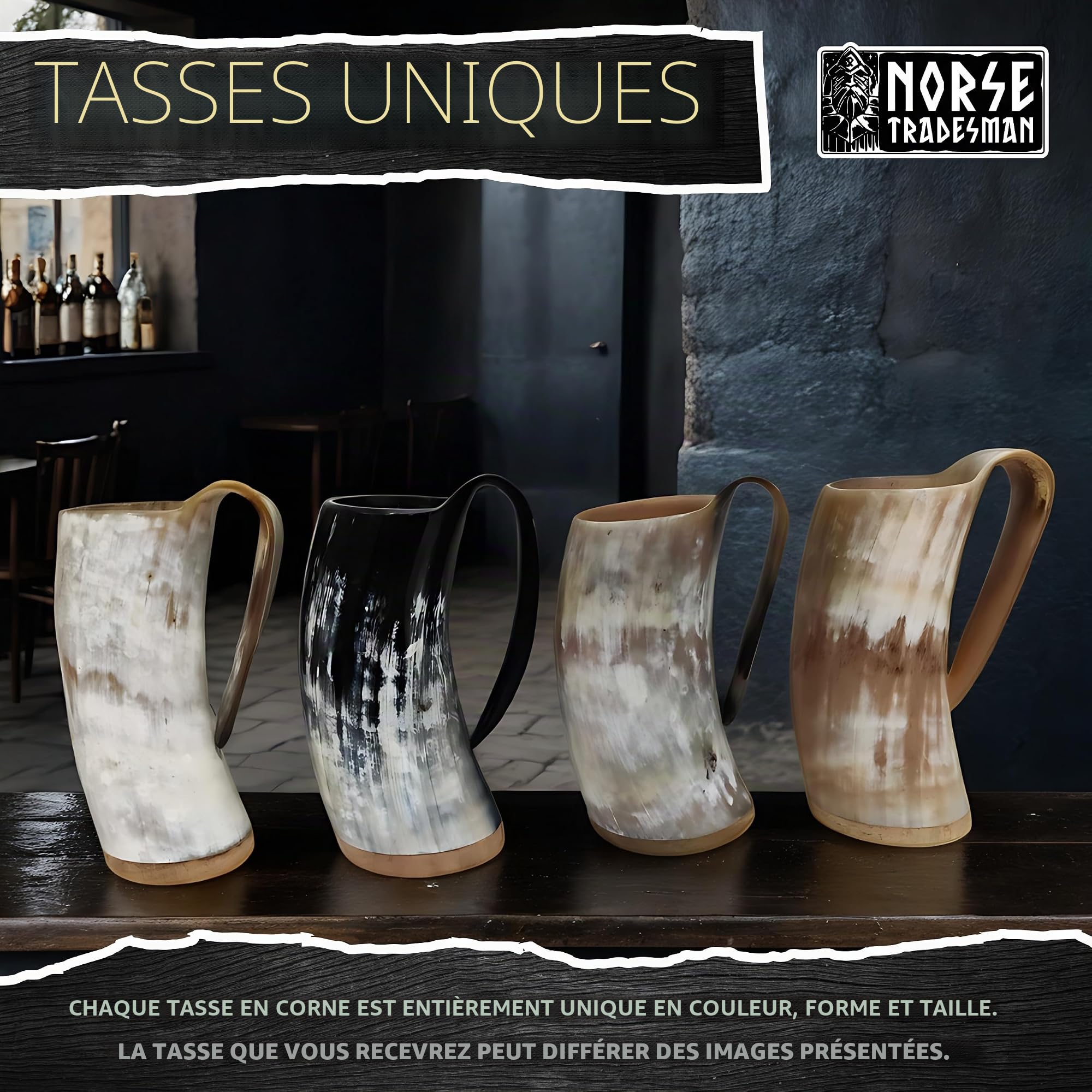 Norse Tradesman LG Viking Tasse en Corne à Boire – Chope en Corne de bière 100% Authentique traitée à la Flamme avec gravures | Le Pot, env. 1 Pinte