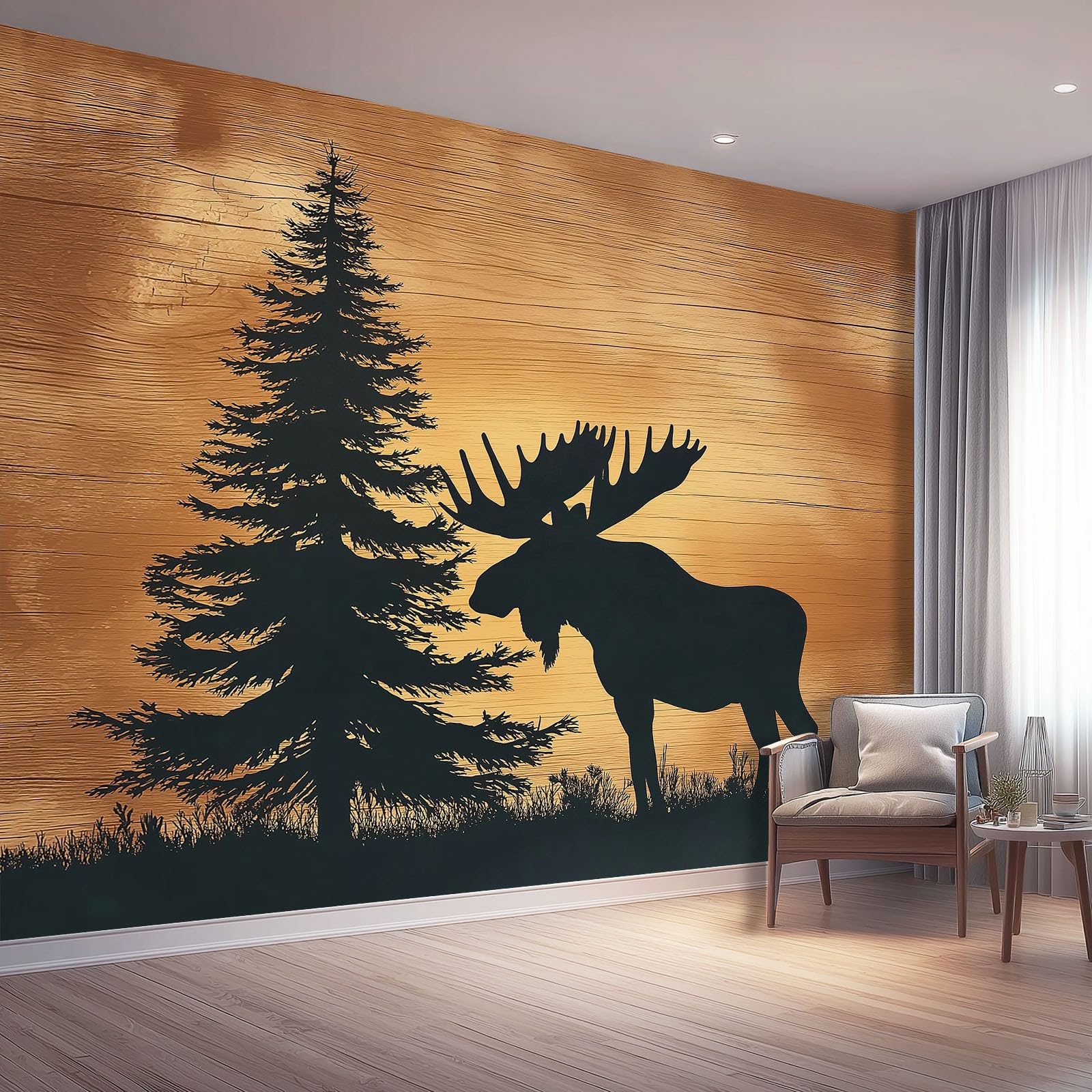 Tapeta Retro Łoś Sosnowy Sylwetka 400 x 280 cm, Plakat Fototapeta Dekoracja Ścienna Salon Sypialnia Pokój Dziecięcy Brązowy
