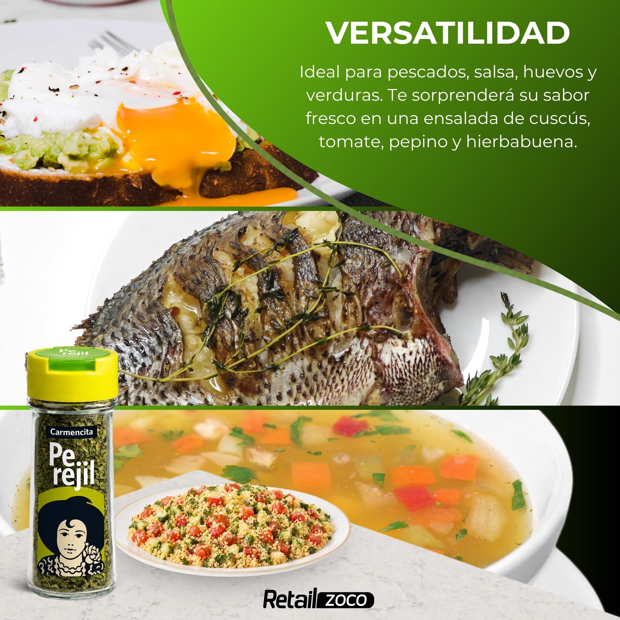 Sazonador Perejil Carmencita, Ideal para pescados, salsa, huevos y verduras, sabor fresco en una ensalada de cuscús, tomate, pepino y hierbabuena, Sin Gluten, Contiene 4 unidades de 12 g