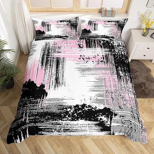 Miniatura 8 de Manfei Juego de funda de edredón abstracta, tamaño matrimonial, estilo grunge, naranja, negro, gris, con 2 fundas de almohada, juego de ropa de cama