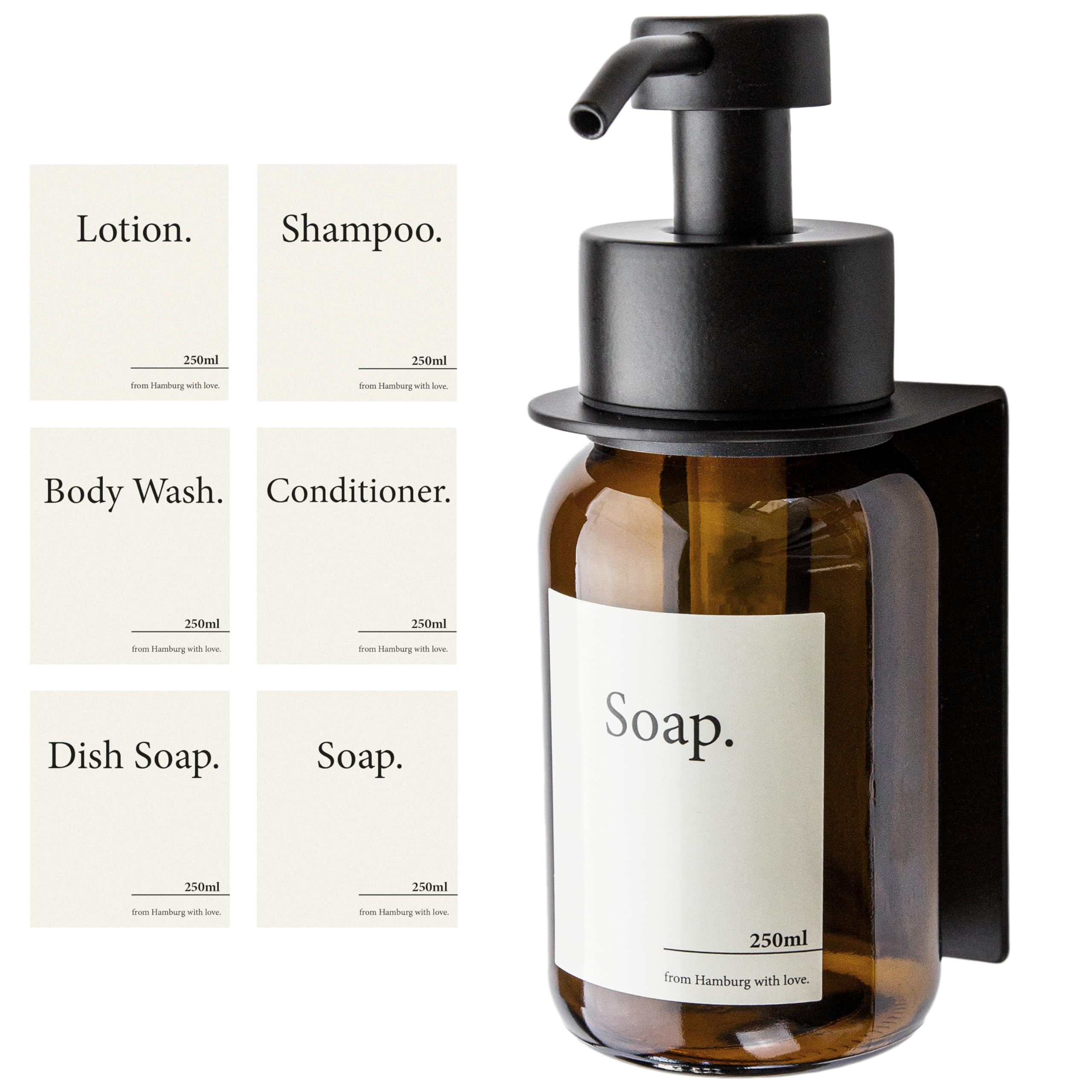 Designfabrik Hamburg | Glas Seifenspender mit Wandhalterung selbstklebend | Edelstahl-Pumpspender für Flüssigseife | Spülmittelspender ohne Bohren | mit Wandhalter | Schwarz/Braunglas