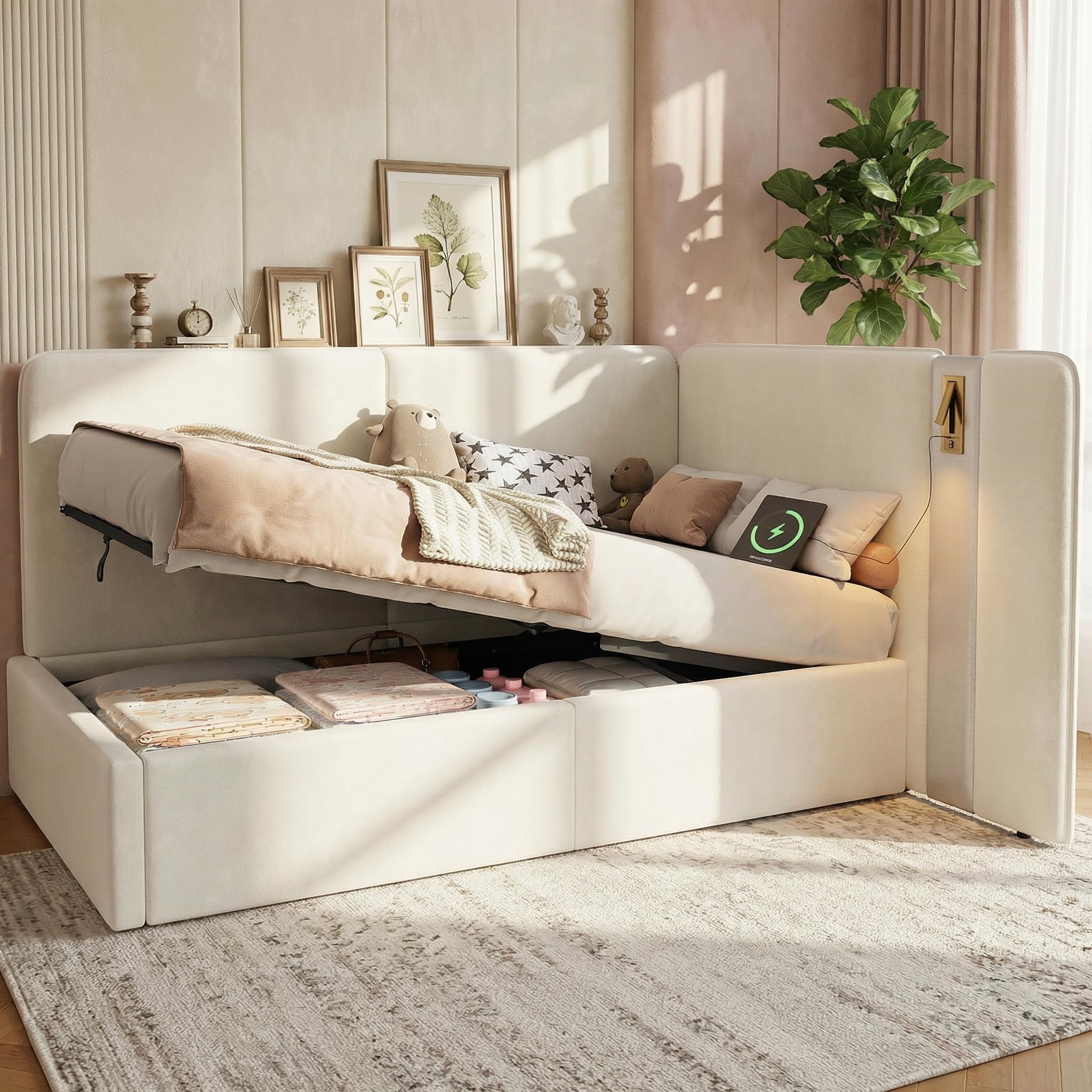 Xwiny 3FT Single Upholstered Bed, Daybed with Hydraulic Storage