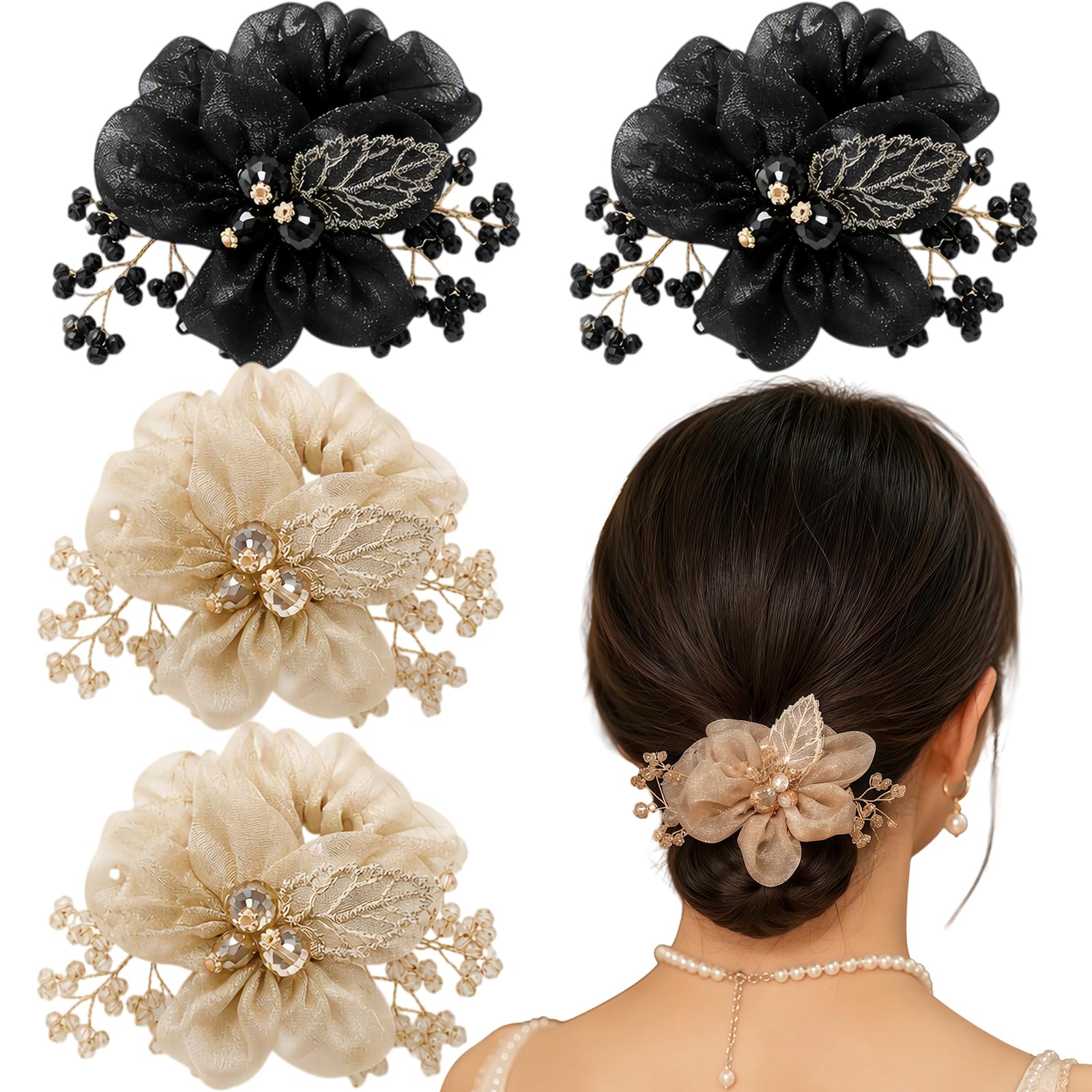 4 Pcs Flower Leaf Elastic Hair Ties Crystal Ponytail Holders Rhinestone Hair Scrunchies Hair Rubber Bands Ropes Hair Accessories for Women Girls