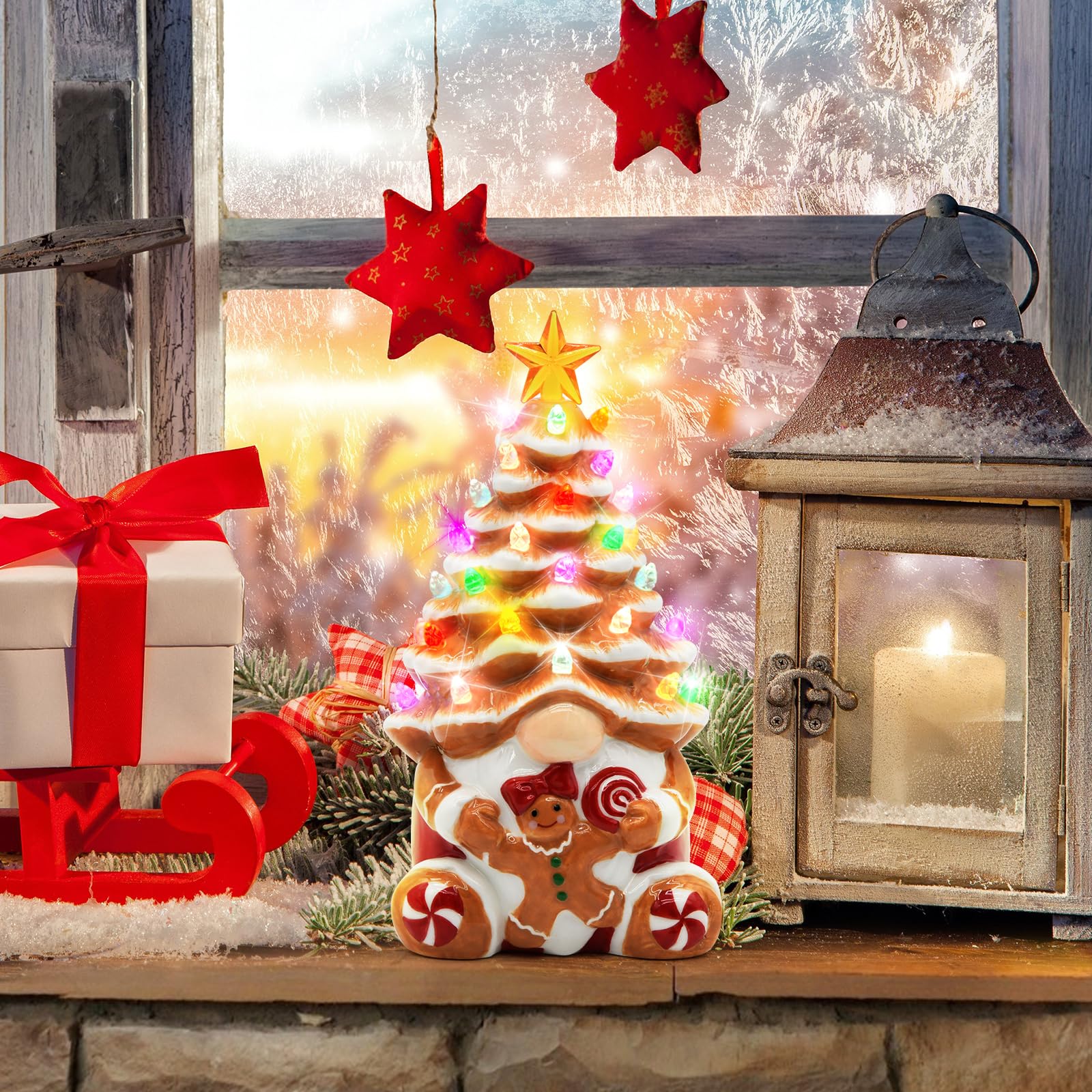 Décorations de Noël en forme de bonhomme en pain d'épices pour l'intérieur, nain de Noël lumineux en céramique, décoration de table de cuisine rustique, pour femme, famille, amie