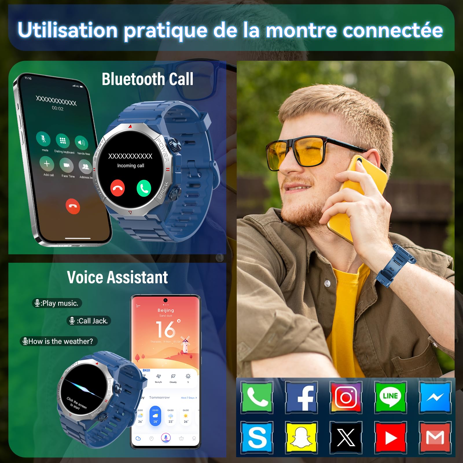 Soudorv Militaire Montre Connectée Homme, 1.39" HD Smartwatch avec Appels Bluetooth, Montre avec Fréquence Cardiaque/Sommeil, Etanche IP68 pour Android iOS, Bleu