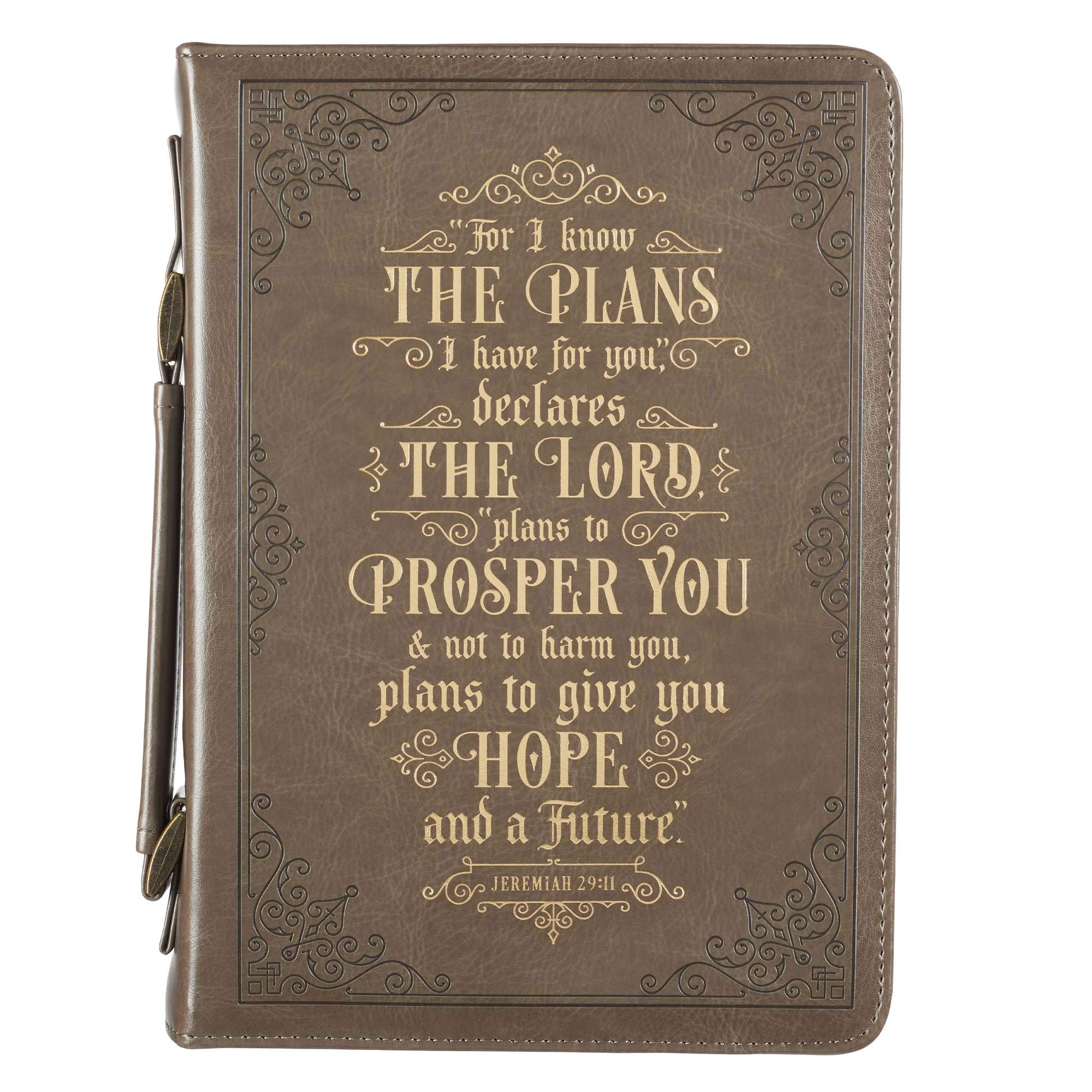 Christian Art Gifts Men's Classic Bible Cover for I Know The Plans Jeremiah 29:11, Brown/Gold Faux Leather, Medium