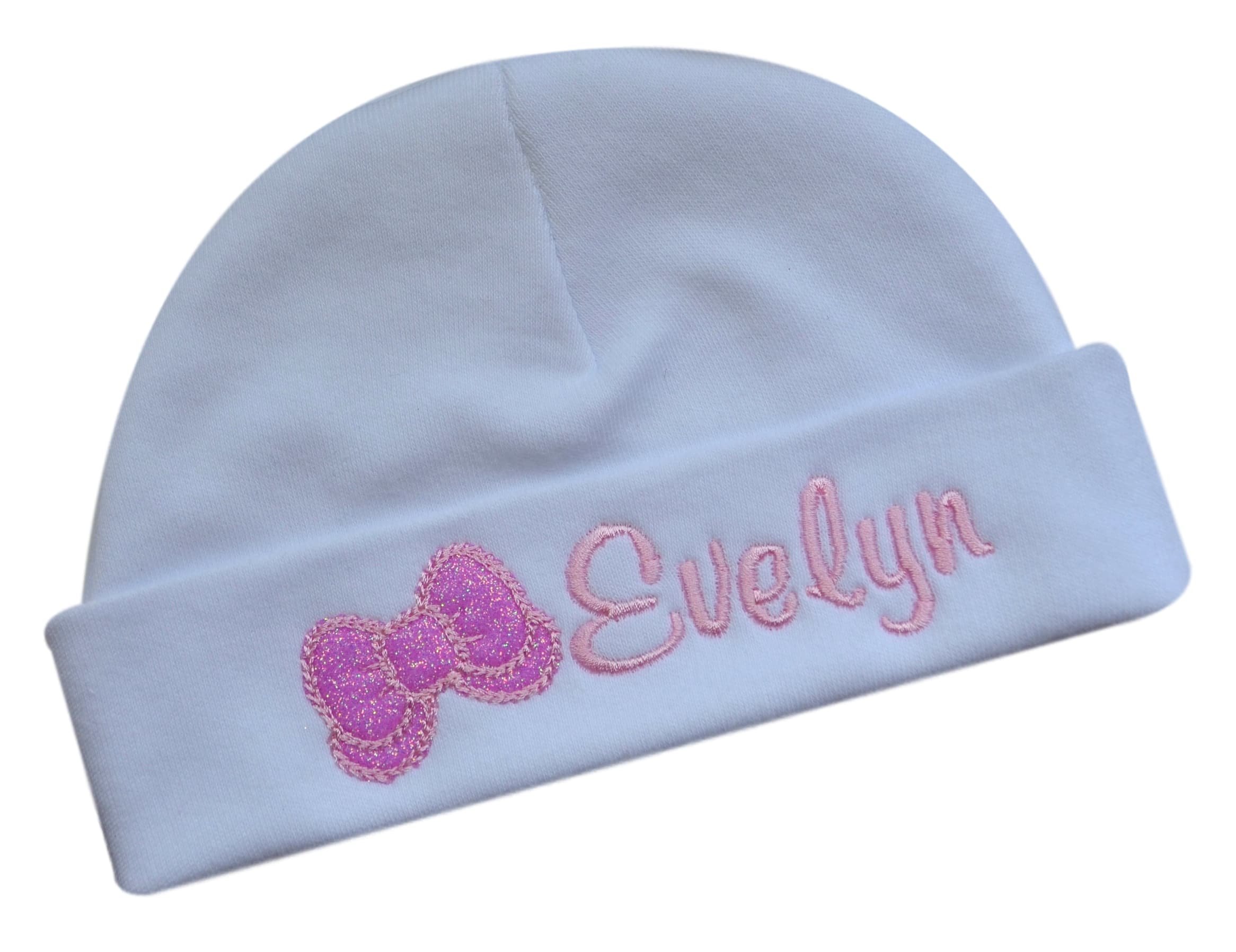 Personalized Embroidered Baby Girl Hat with Sparkling Glitter Bow with Custom Name