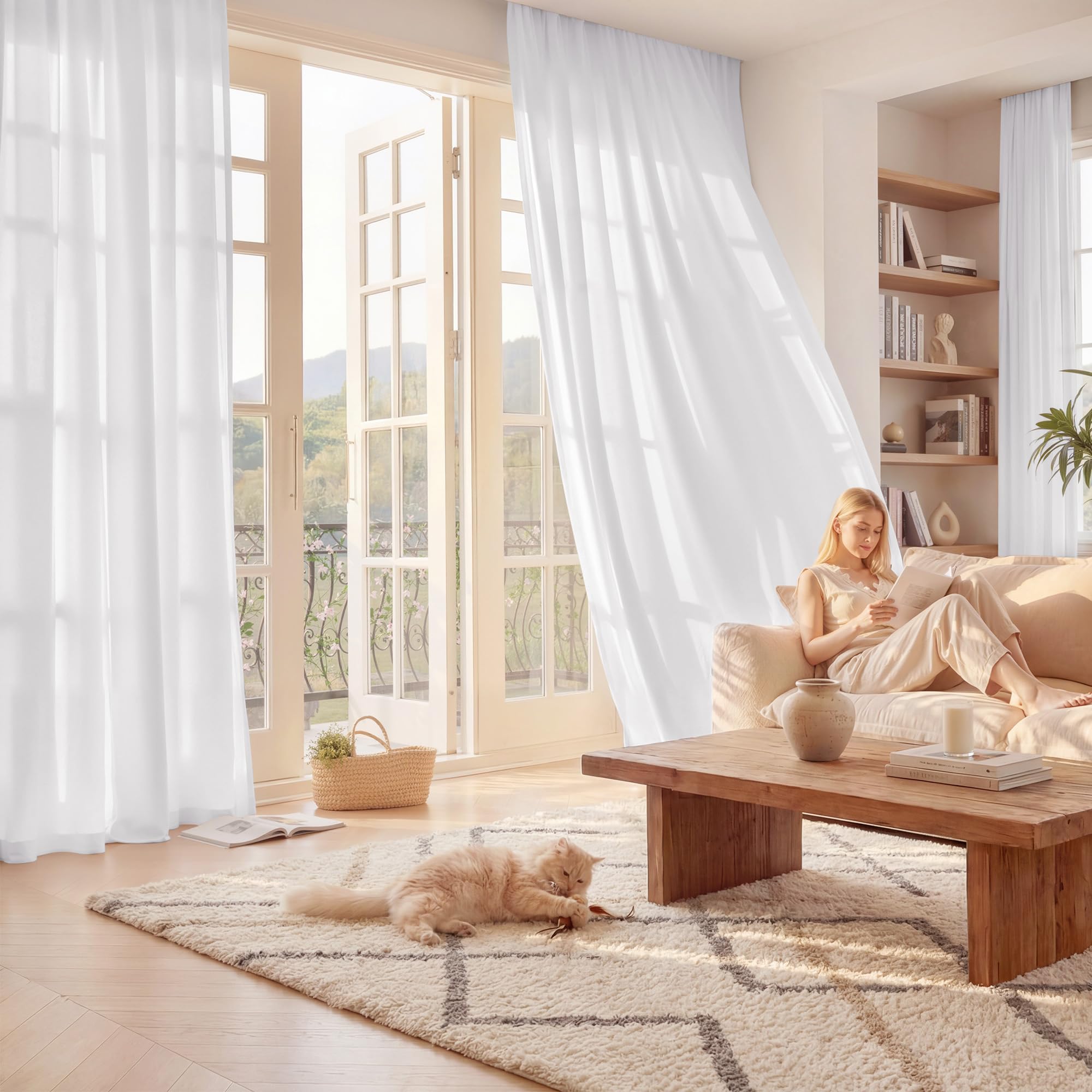 KGORGE Raumteiler Vorhang Halbtransparent mit Kräuselband für Wohnzimmer | Weiß,1er Set,H 240 x B 450 cm Schienen Gardine Blickdicht Lichtdurchlässig,Lichtfilternder Sichtschutz,Luftig