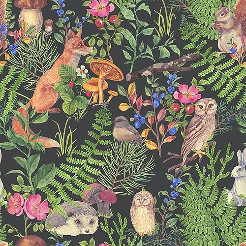 Blooming Wall Papel tapiz autoadhesivo con diseño de animales lindos en bosque verde