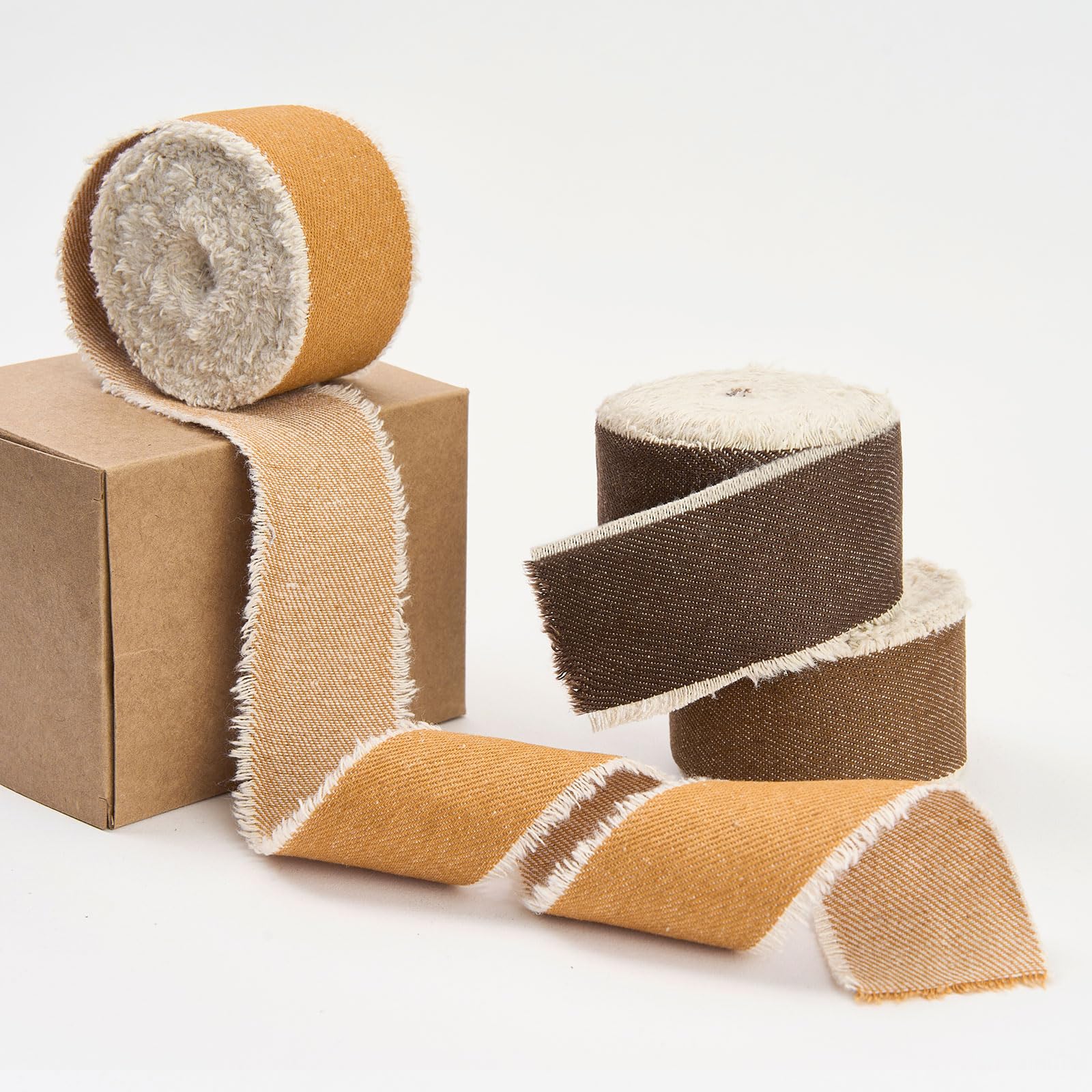 Pretty Jolly Brown Denim Ribbon for Gift Wrapping Handmade Rustic Frayed Cotton Fabric Ribbon for Flower Bouquet Total 15 Yards 1 1/2 Inch Ribbons for Crafts Hair Wedding Invitation Holiday Decor