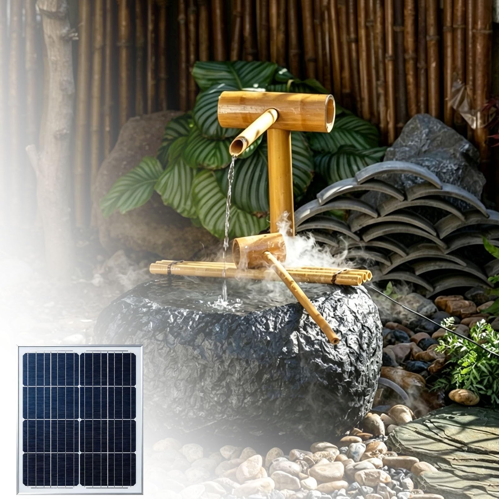 Fuente de Agua Solar para Exteriores con diseño de Roca y bambú: decoración de Cascada para jardín, Patio, terraza y hogar