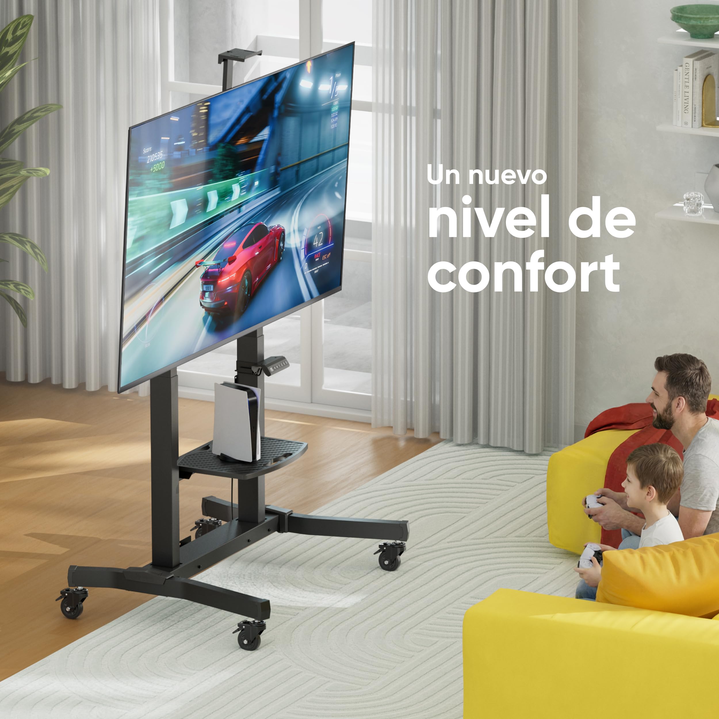 ONKRON Soporte TV Motorizado 50"-100", 120 kg, máx VESA 1000x600, TS1991E-B | Carro TV eléctrico negro, altura 1130-1600 mm, para TV 120 kg y paneles táctiles 80 kg, con mando; para aulas y salas