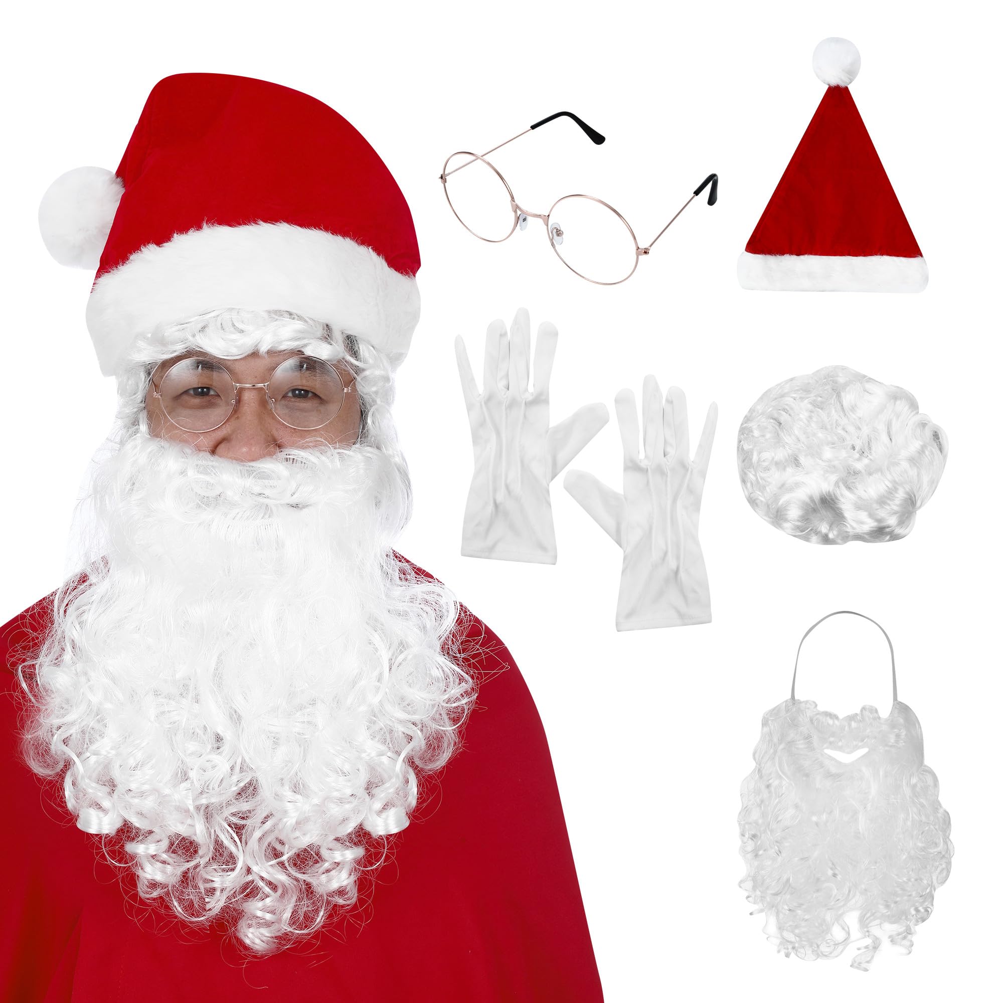 weihnachtsmann kostüm, weihnachtsmann bart und perücke,weihnachtsmann mütze, brille, Fäustling für Weihnachten, Kostüm für Nikolaus, Weihnachtsfeier Weihnachtszubehör,6 Stück