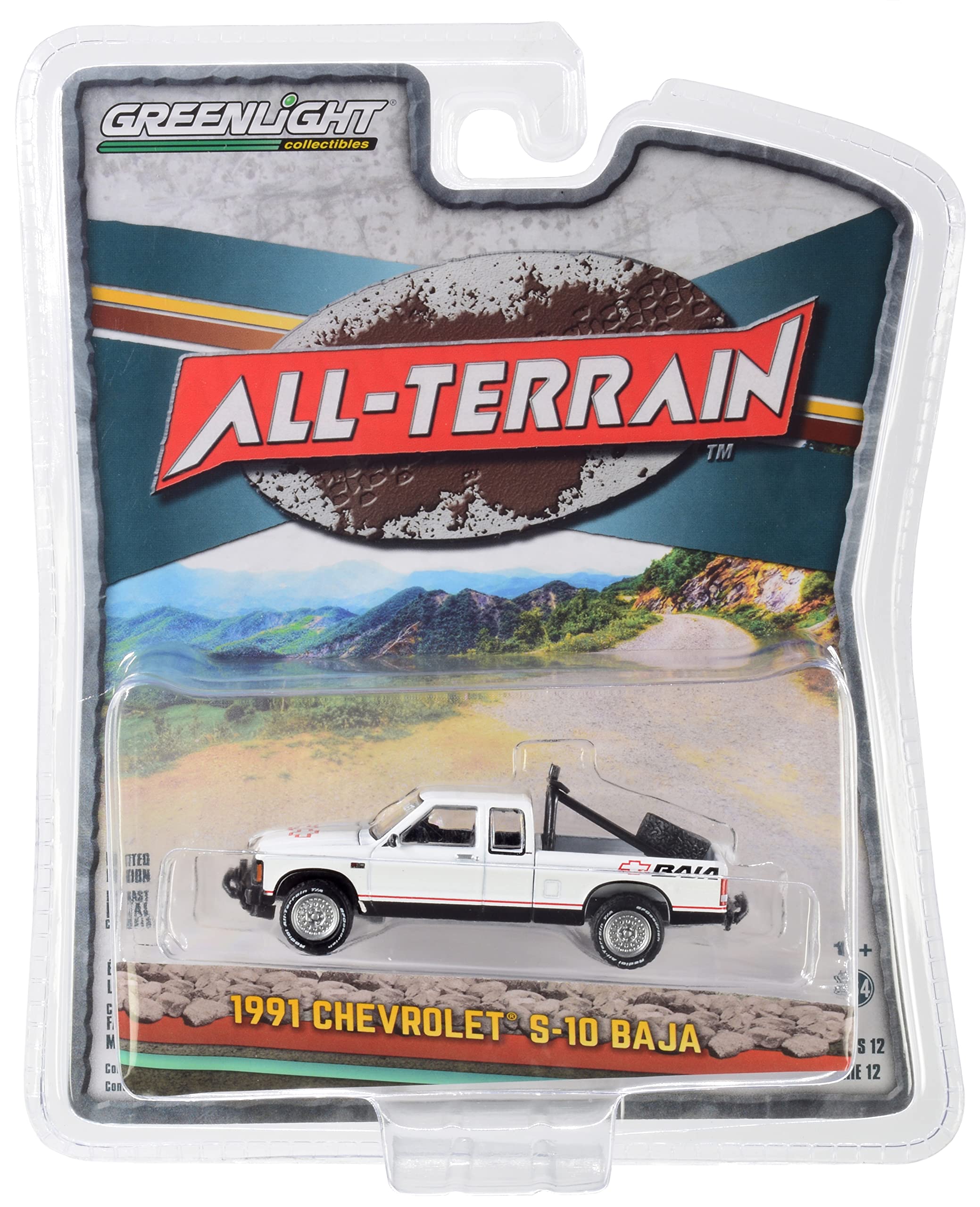 1991 Chevy S-10 Baja Extended Cab Pickup Truck White with Graphics All Terrain Series 12 1/64 Diecast Model Car by Greenlight 35210 B