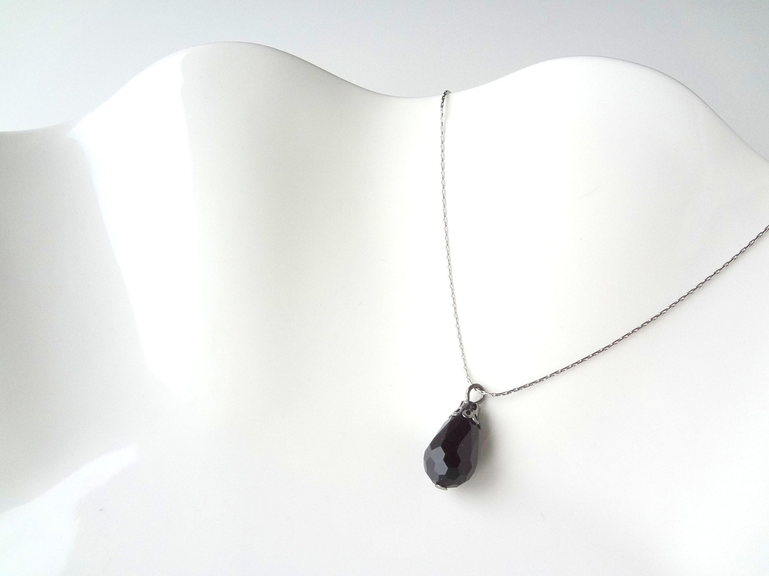 Black Glass Teardrop Necklace With Platinum Plated Chain