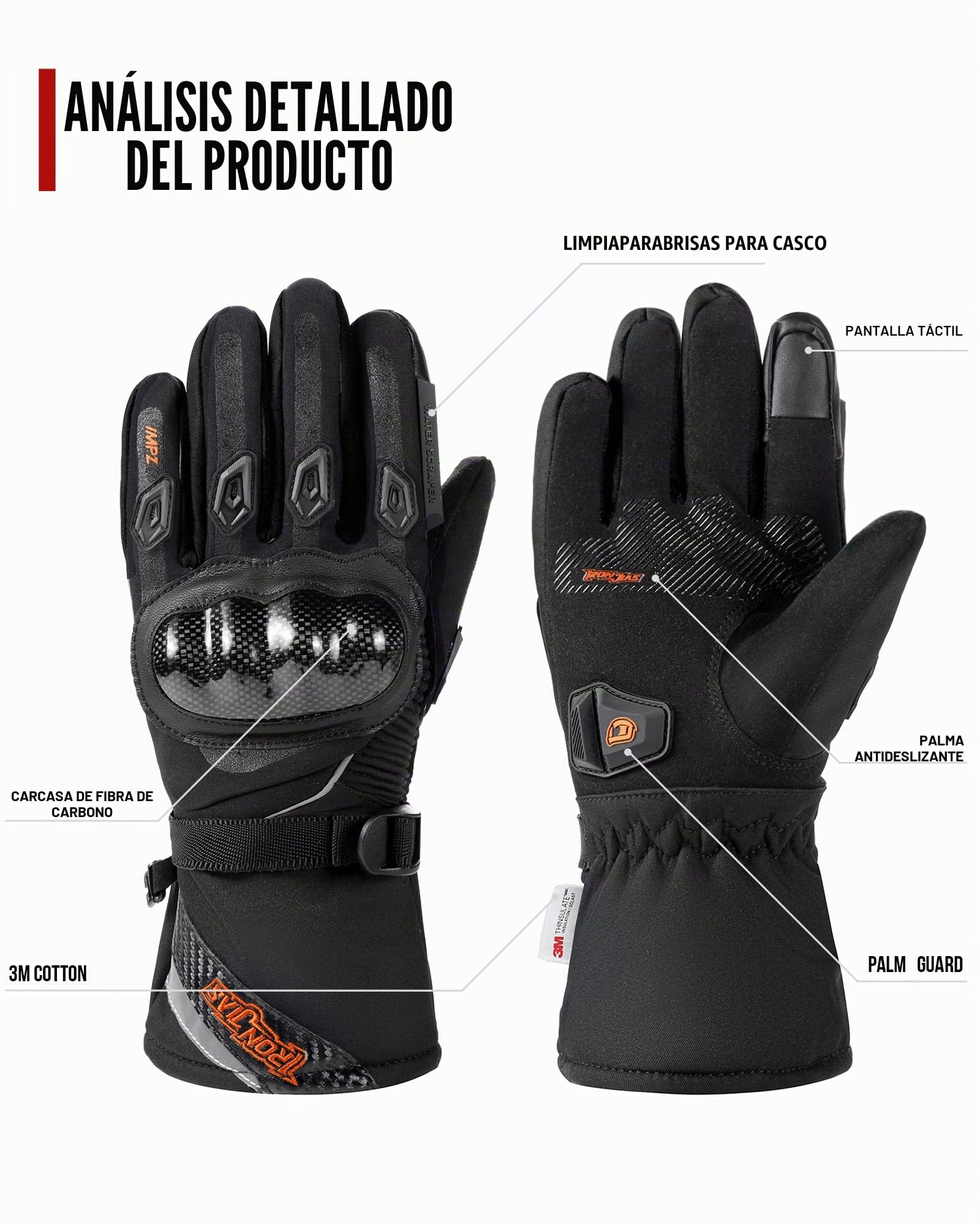 BORLENI Guantes Moto Invierno Hombre con certificación CE Nivel 1 KP Impermeable de la Fibra de Carbono,Guantes de Motocicleta Cálido con Pantalla Táctil Negro/Rojo/Azul