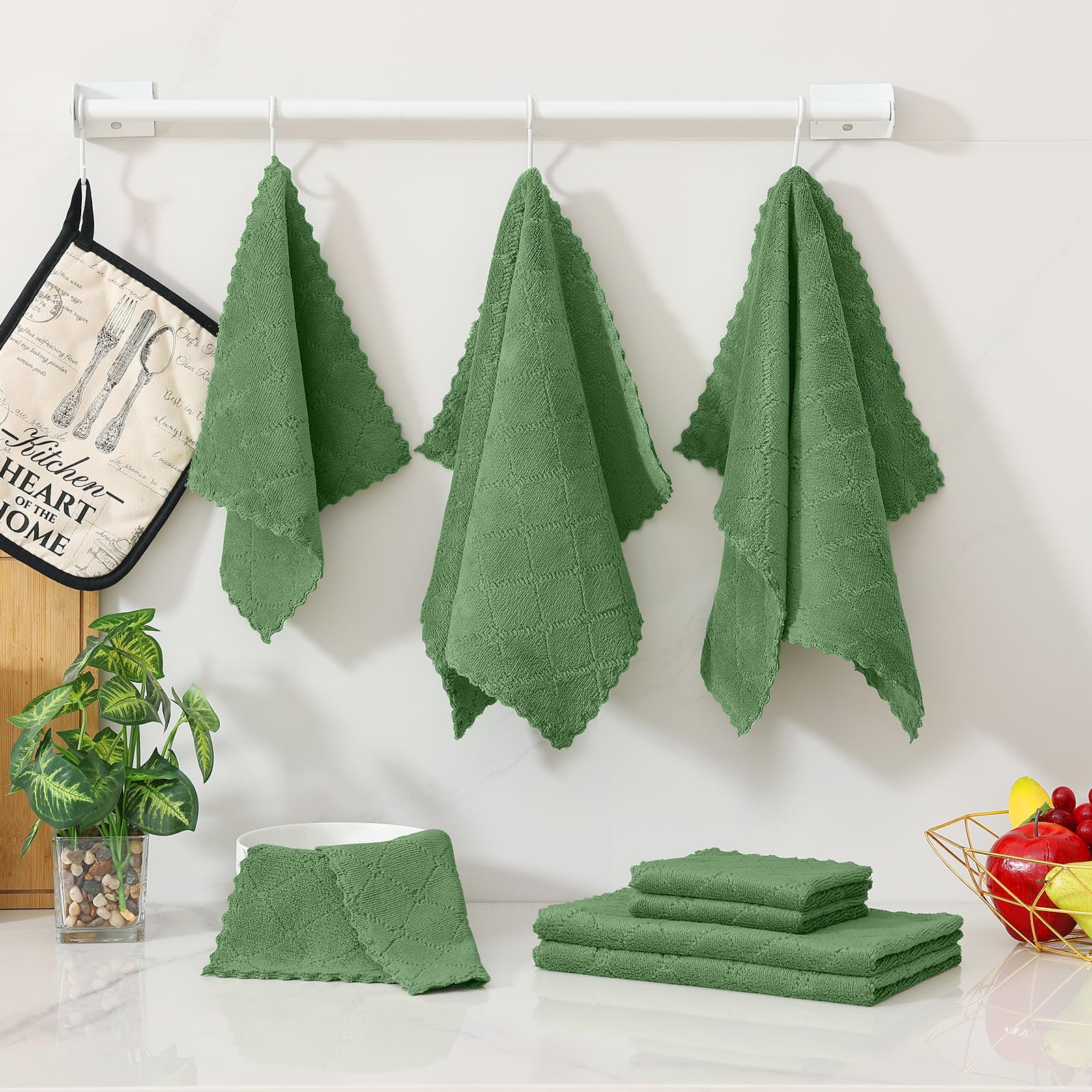 Homaxy Lot de 12 torchons de cuisine et torchons de cuisine en velours corail, 25,4 x 25,4 cm et 33 x 48,3 cm, super doux et absorbants, sans peluches et anti-adhésifs, séchage rapide, vert gazon