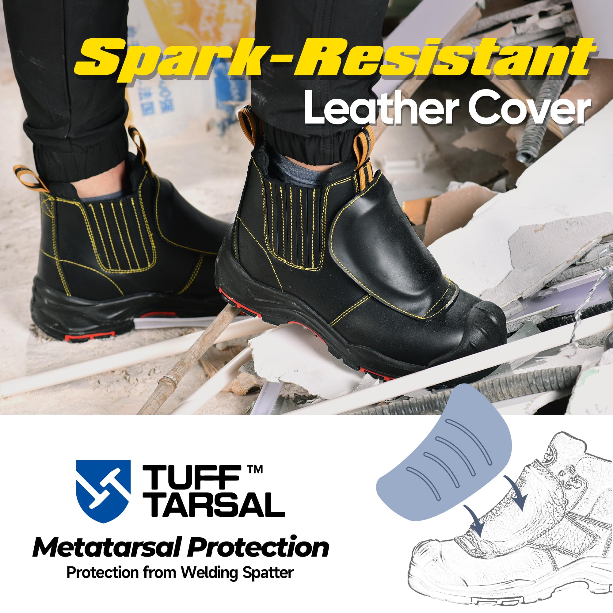 SAFETOE Botas de soldadura para hombre, punta compuesta, botas de seguridad con protección metatarsiana, resistentes al fuego, botas de soldadura resistentes al calor 300 ℃, botas de trabajo para