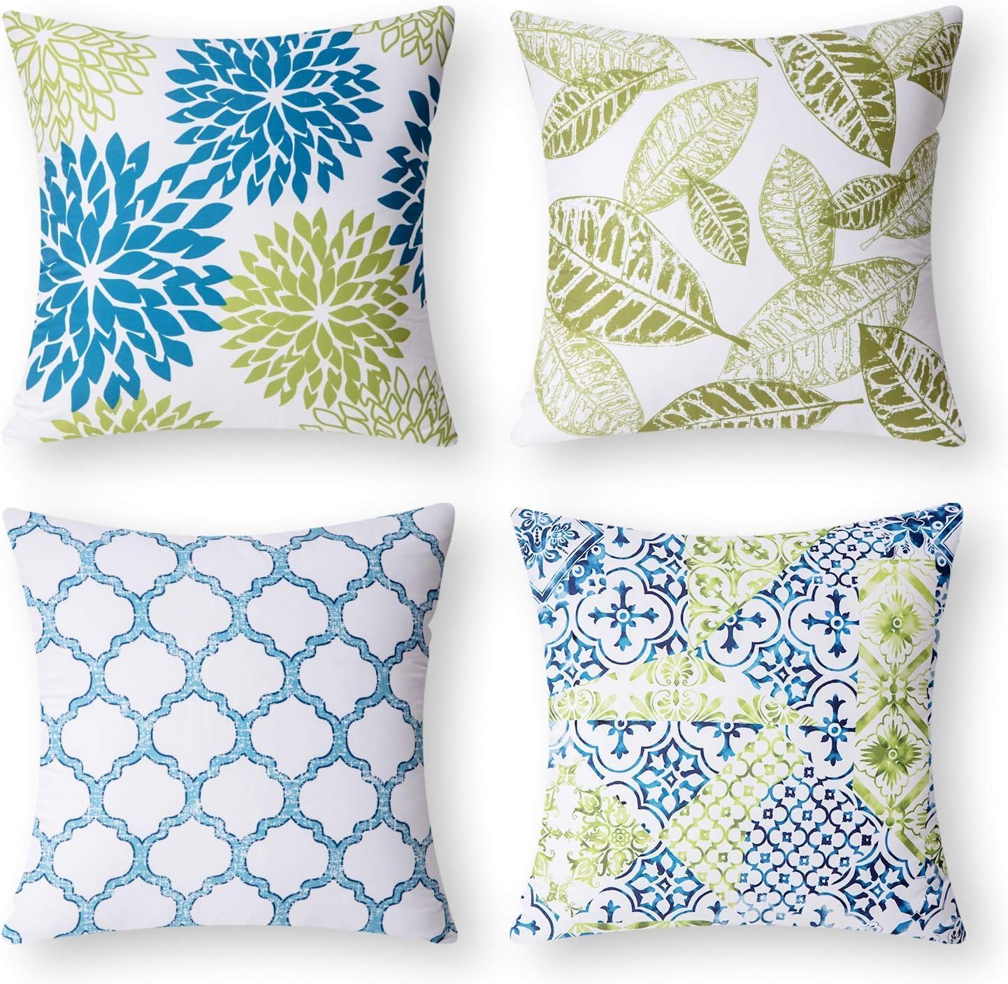 Phantoscope Bundles, Set of 4 New Living Series Blue&Green Pillow Covers 18 x 18 inches & Set of 4 Outdoor Waterproof Pillow Inserts 18 x 18 inches