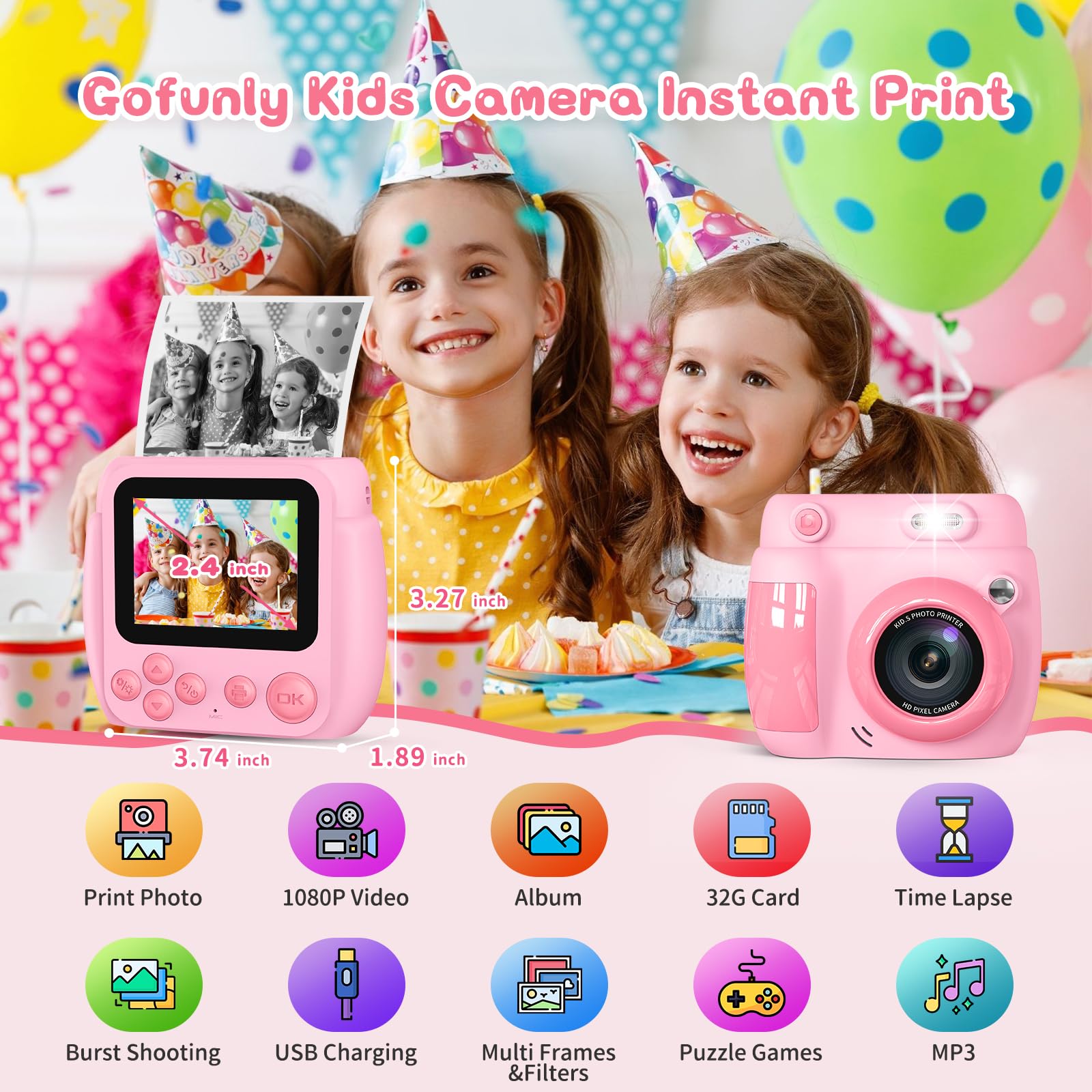 Gofunly Macchina Fotografica Bambini Istantanea, 2,4 Pollici Schermo Fotocamera Istantanea per Bambini con 32GB Scheda, 1080P HD Fotocamera Digitale Bambini Regalo per Ragazze Ragazzi da 3-12 Anni