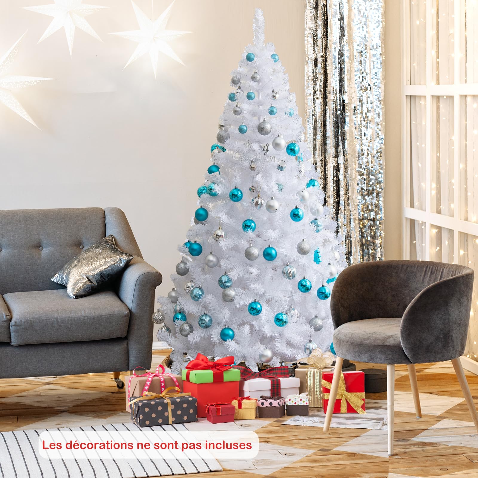 GOPLUS Sapin de Noël Artificiel Blanc 180 cm, Arbre de Nöel avec 650 Branches, Socle en Fer, Feuilles en PVC, Décoration de Noël, Idéal pour Suspendre Guirlande de Lumières et Etoile, 4 Tailles