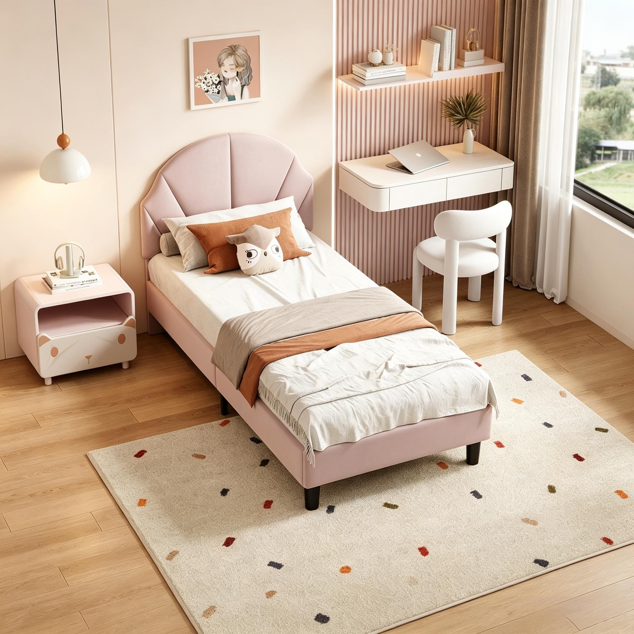 Letto Singolo Imbottito 90x200 cm con Rete a Doghe, Letto da Principessa per Bambina con Testata Regolabile Letto per Bambina 90x200 Letti per 1 Persona per Ragazza Adolescente, in Velluto