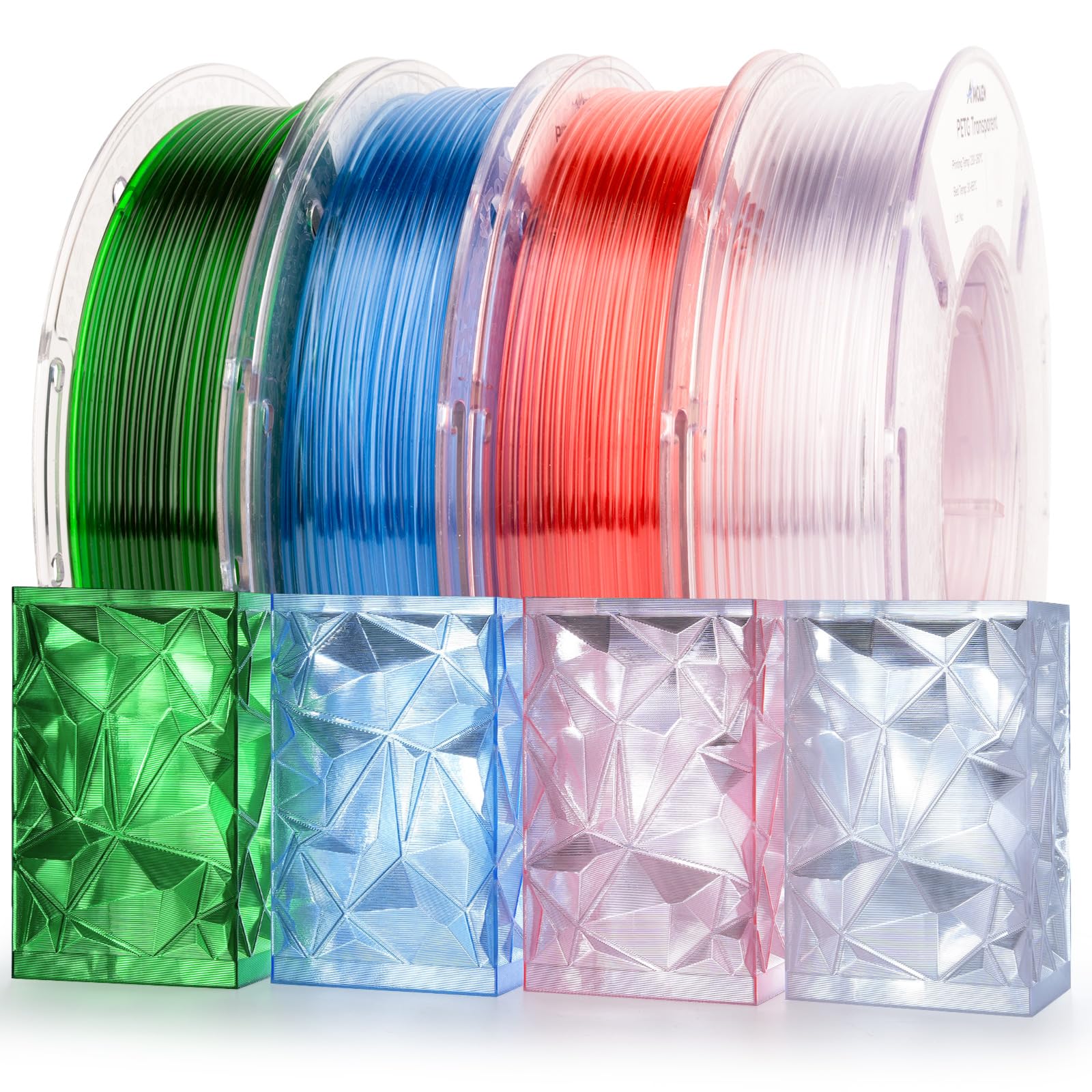 AMOLEN Rapid PETG Transparent 3D Printer Filament 1.75mm +/-0.02mm,500mm/s High Speed Strong Toughness Multicolor Bundle Sky Blue/Green/Transparent/Pink 250gx4