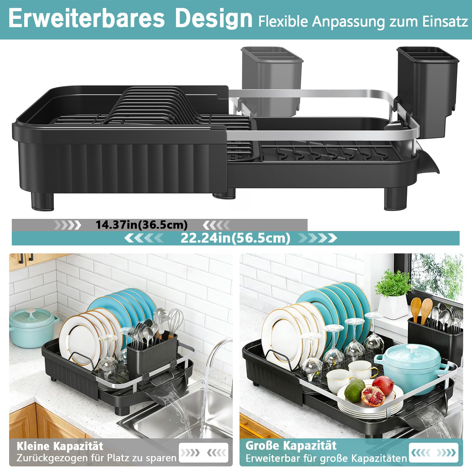 PurKeep Escurreplatos extensible con soporte para cubiertos, color negro | Escurreplatos con bandeja de goteo para platos, tazas, cubiertos, escurreplatos para ahorrar espacio, color negro