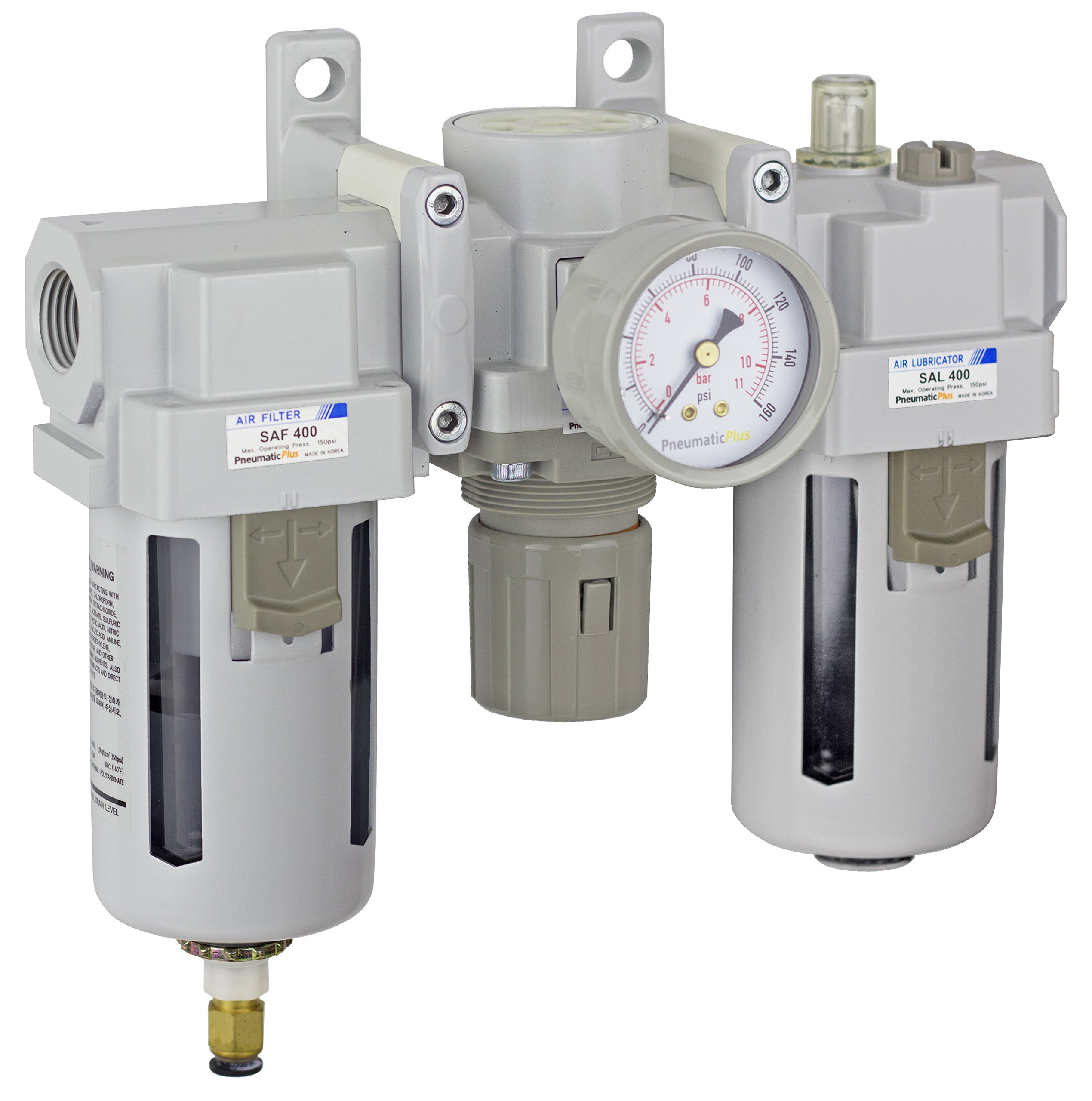 PneumaticPlus SAU400-N04DG Compressed Air Filter Regulator Lubricator Combo 1/2" NPT - Poly Bowl, Auto Drain, Bracket, Gauge