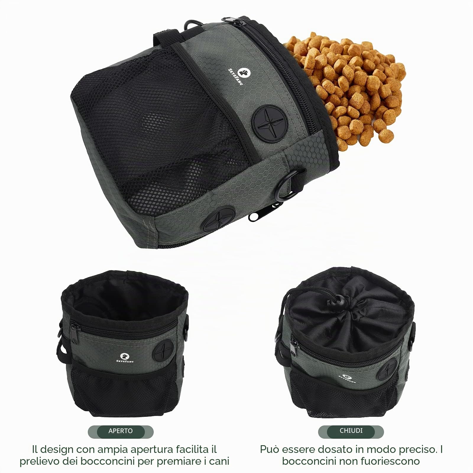 Borsa per dolcetti per Cani,con Borsa per Bottiglie d'Acqua e Dispenser per Sacchetti per Cacca incorporati per addestramento degli Animali Domestici e Porta Giocattoli