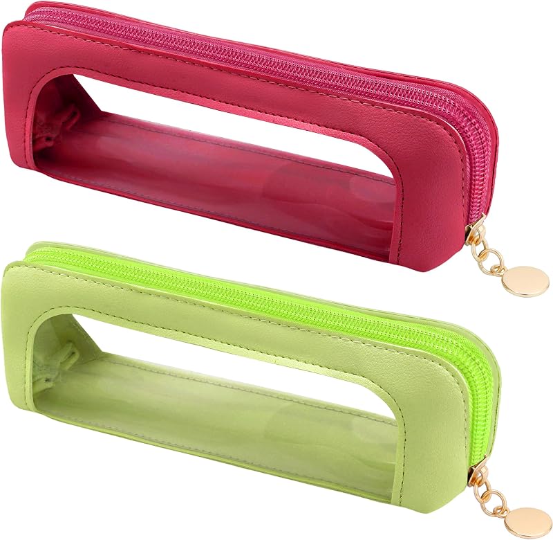 ZLSPTK Pacote com 2 necessaires compactas para pincéis de maquiagem, material transparente e PU, zíper, Hot Pink e Bright Green