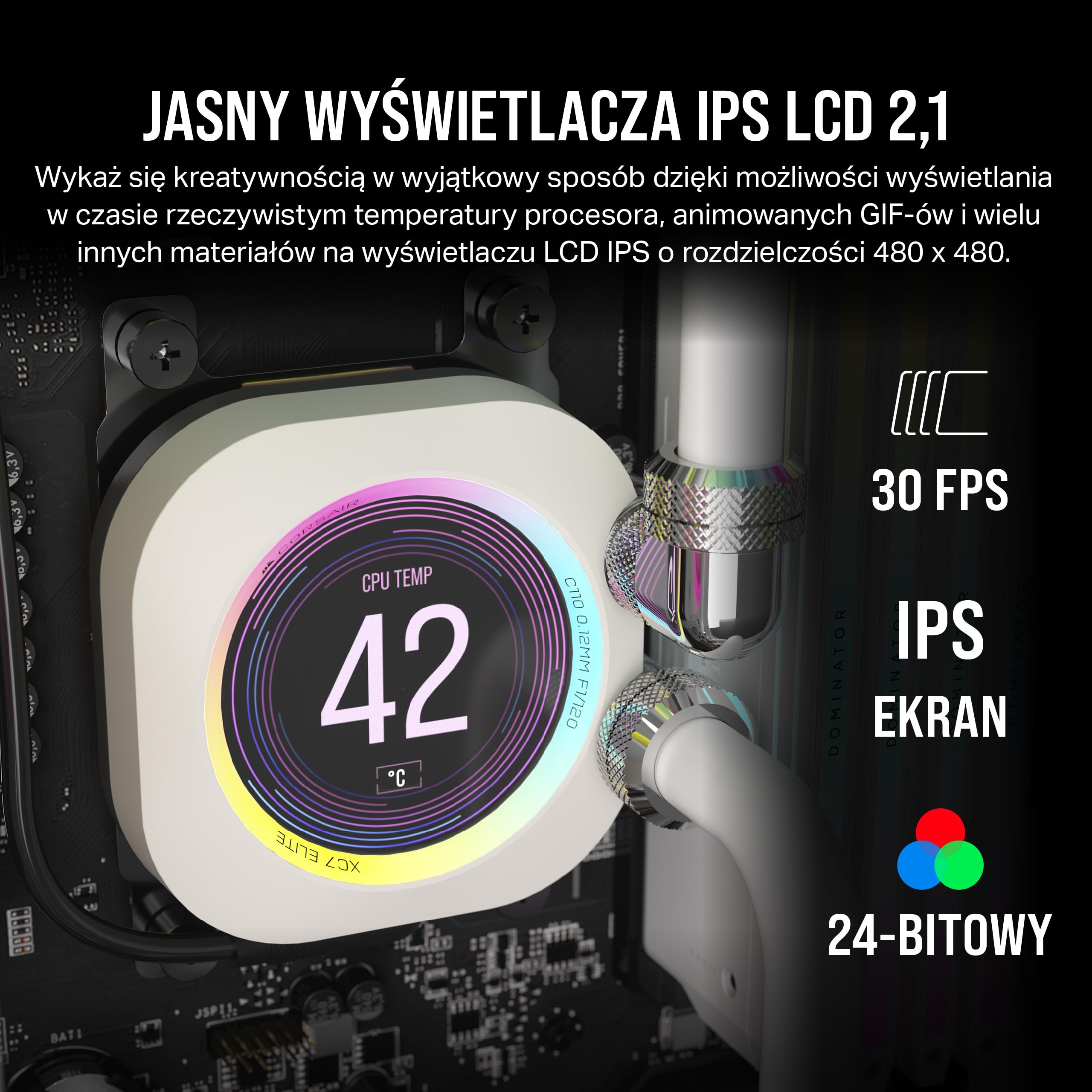 CORSAIR XC7 RGB ELITE LCD Blok Wodny do Procesora - 480x480 Ekran LCD IPS - 31 RGB LEDs - USB-C - Pasuje do Gniazd Intel® LGA 1700, AMD® AM5 i Starszych - Biały