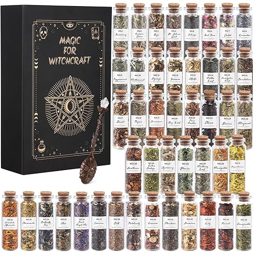 Witchcraft Supplies Herbs - 45 Bottles Dried Herbs Kit for Beginners - Altar Supplies Healing Herbal Natural Herbs Crystal Spoon for Wicca, Pagan Magic Spells and Bath