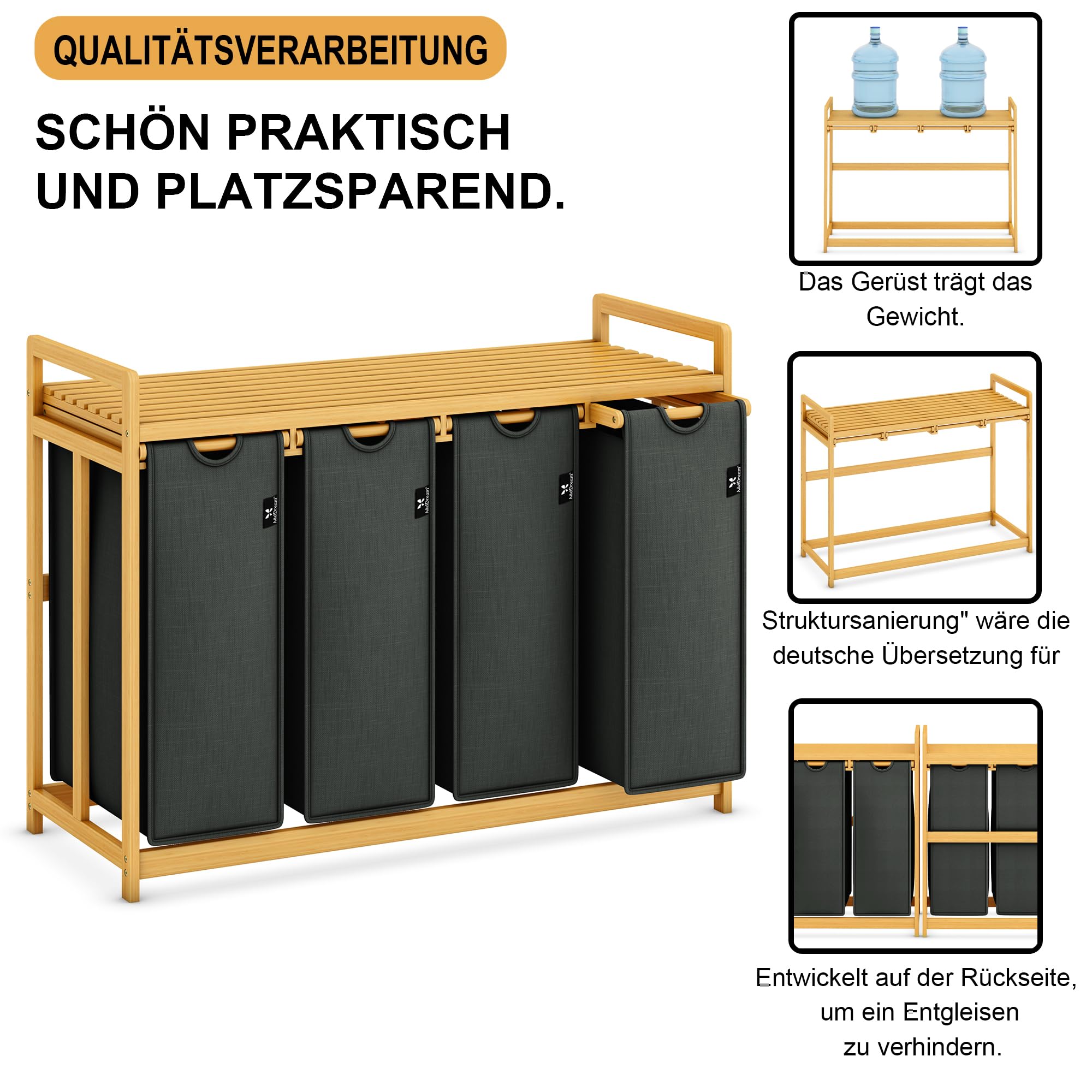 AdelDream Wäschekorb 200L, 4 Fächer Wäschesammler mit Ablage, Bambusrahmen | Wäschesortierer mit 4 x 50L Fächer,ausziehbar abnehmbar,Ablage bis 60 kg,Farbe Grau