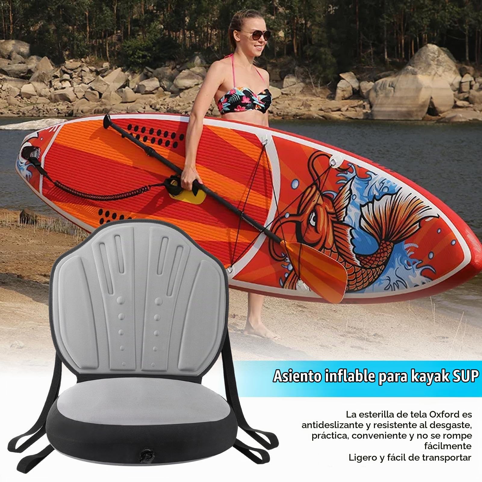 Asiento inflable para kayak - Silla impermeable para tabla de paddle surf, cojín de tela Oxford con correas ajustables | Asiento cómodo para canoa, rafting, botes inflables, tablas de paddle surf, kay
