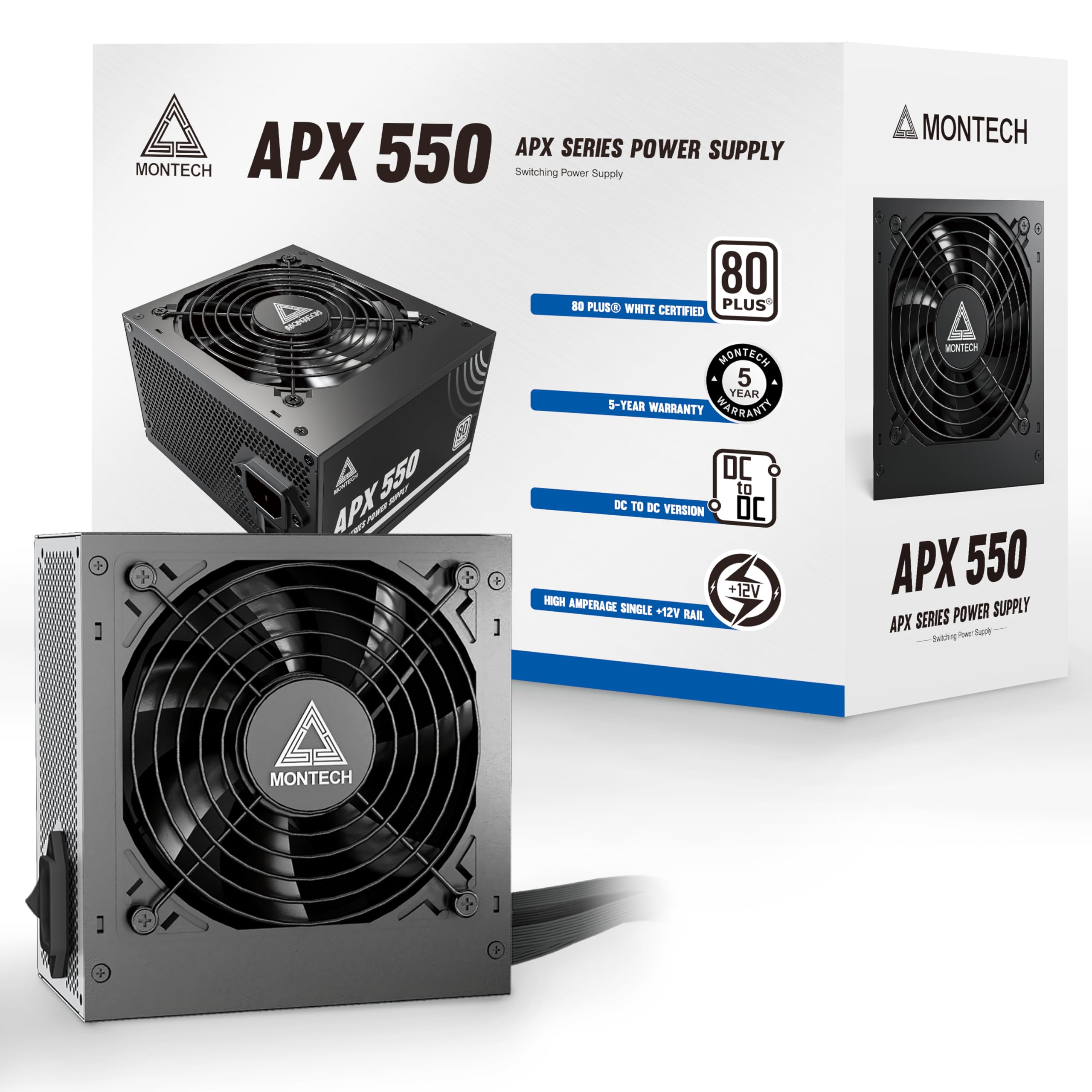 MONTECH APX 550W Fuente de alimentación no modular, 80 Plus, tecnología de convertidor Intel ATX12V-CC a CC, diseño de cable plano para mejorar la eficiencia térmica, ventilador de 120 mm, garantía de