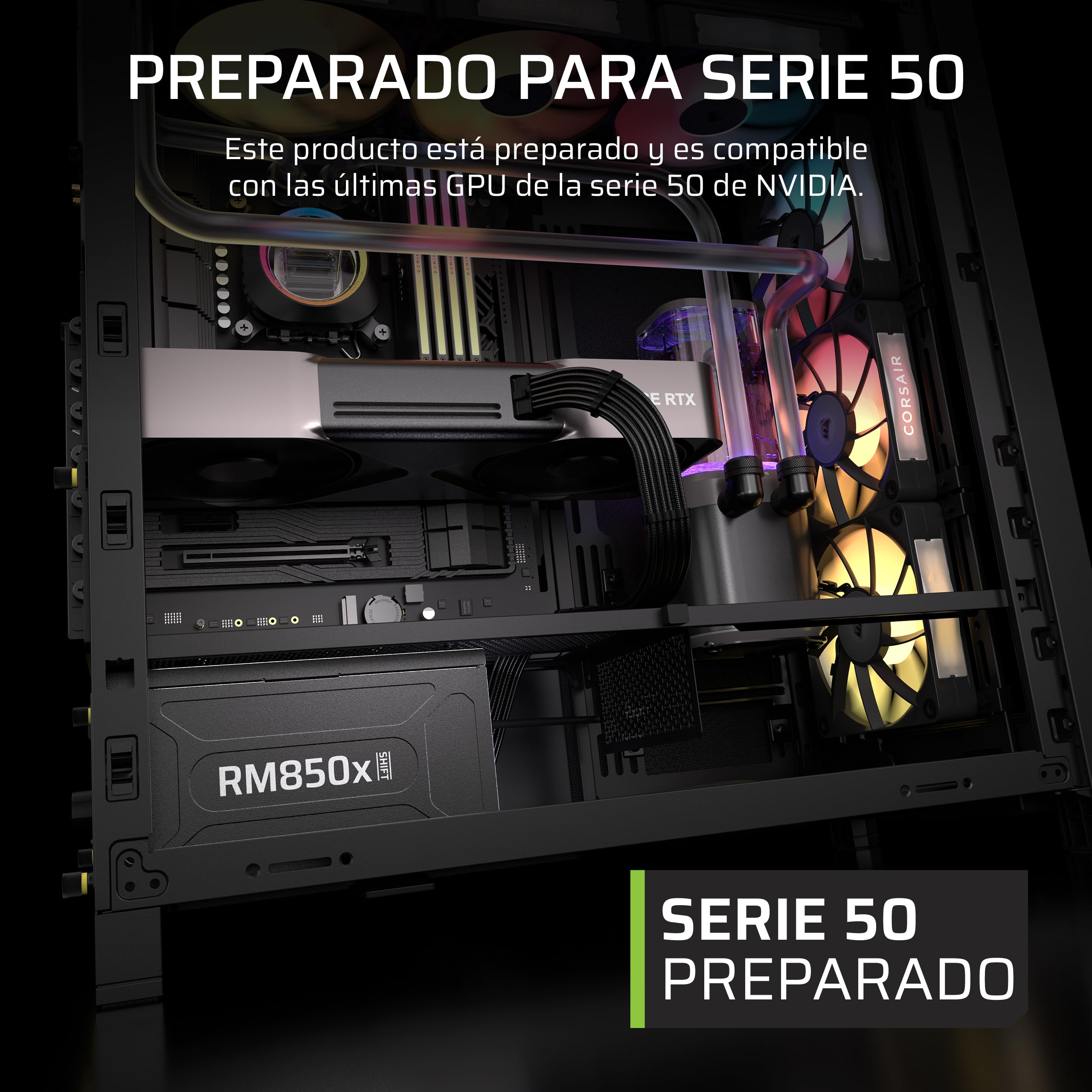CORSAIR RM850x Shift (2025) Fuente de Alimentación ATX Totalmente Modular – Interfaz Lateral Modular, 12V-2x6, ATX 3.1 y PCIe 5.1, Condensadores de 105°C, Cybenetics Gold – Negro