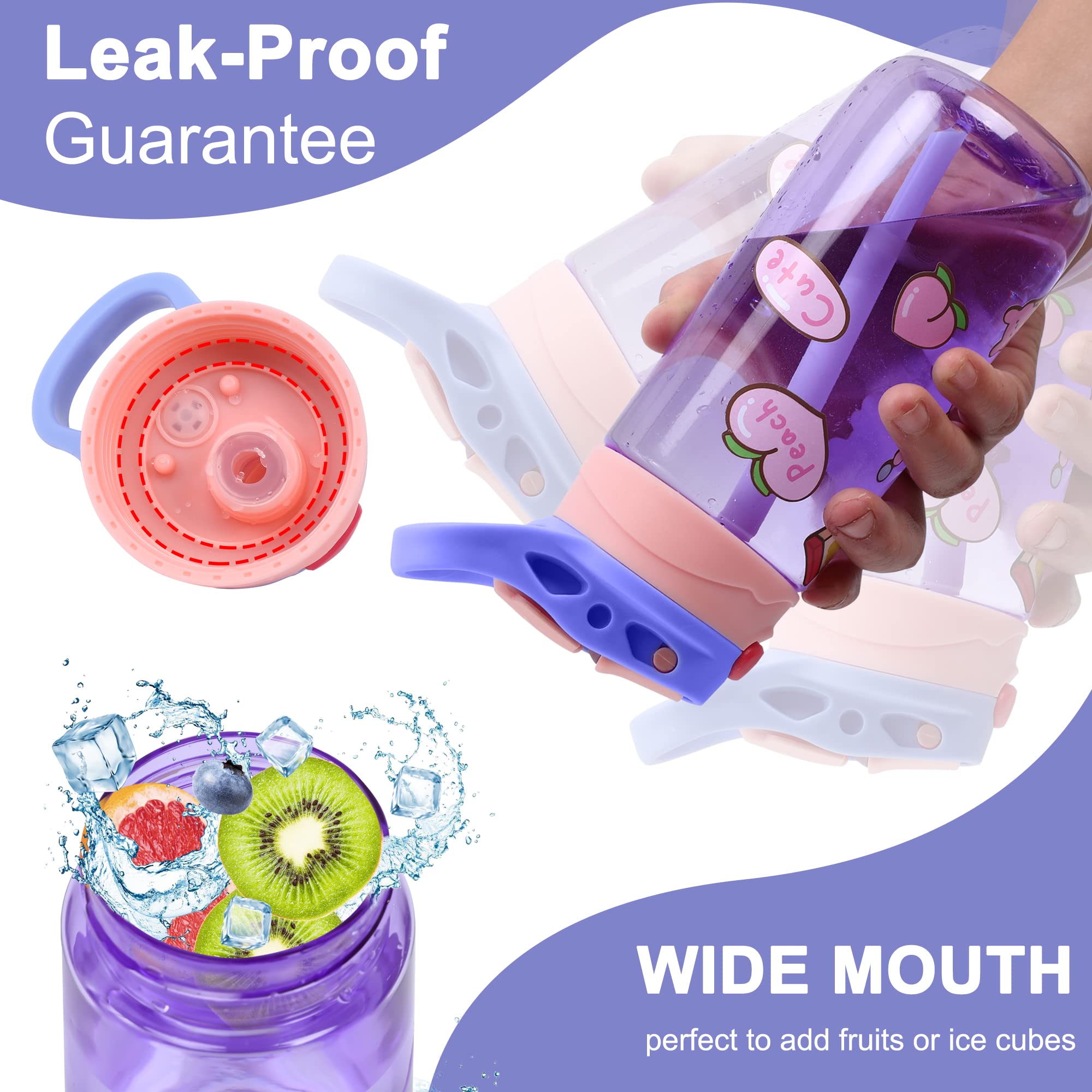 Gourde Enfant 600 Ml Avec Paille - Sans BPA, En Tritan - Antifuite, Marqueurs De Temps Motivants - Pour école, Sport - Bleu Violet