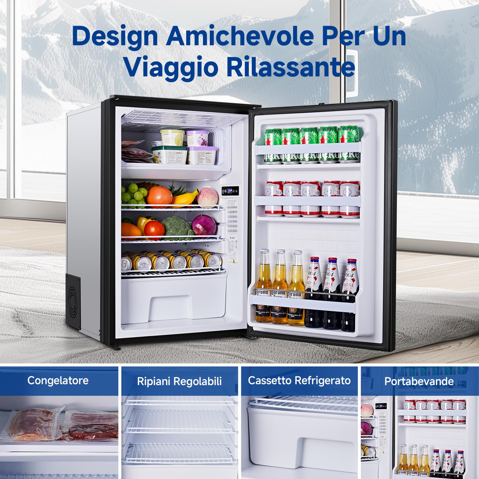 AAOBOSI 110L Frigo Portatile, Due Zone Di Temperatura, Frigo Da Campeggio con Luce LED, 12/24V DC, Grande Capacità, -15°C a 10°C, Per Auto, Camper, Fuoristrada, Camion, Barche, Campeggio e Viaggi