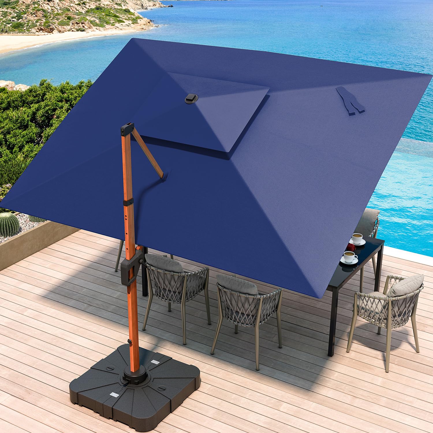 JZAC & QZYD 10 X 13 FT Patio Umbrella with Base, Outdoor Cantilever Offset Rectangle Heavy Duty Umbrellas with 360° Rotation Double Top and Deluxe Wood Grain for Pool Deck Backyard Garden, Navy